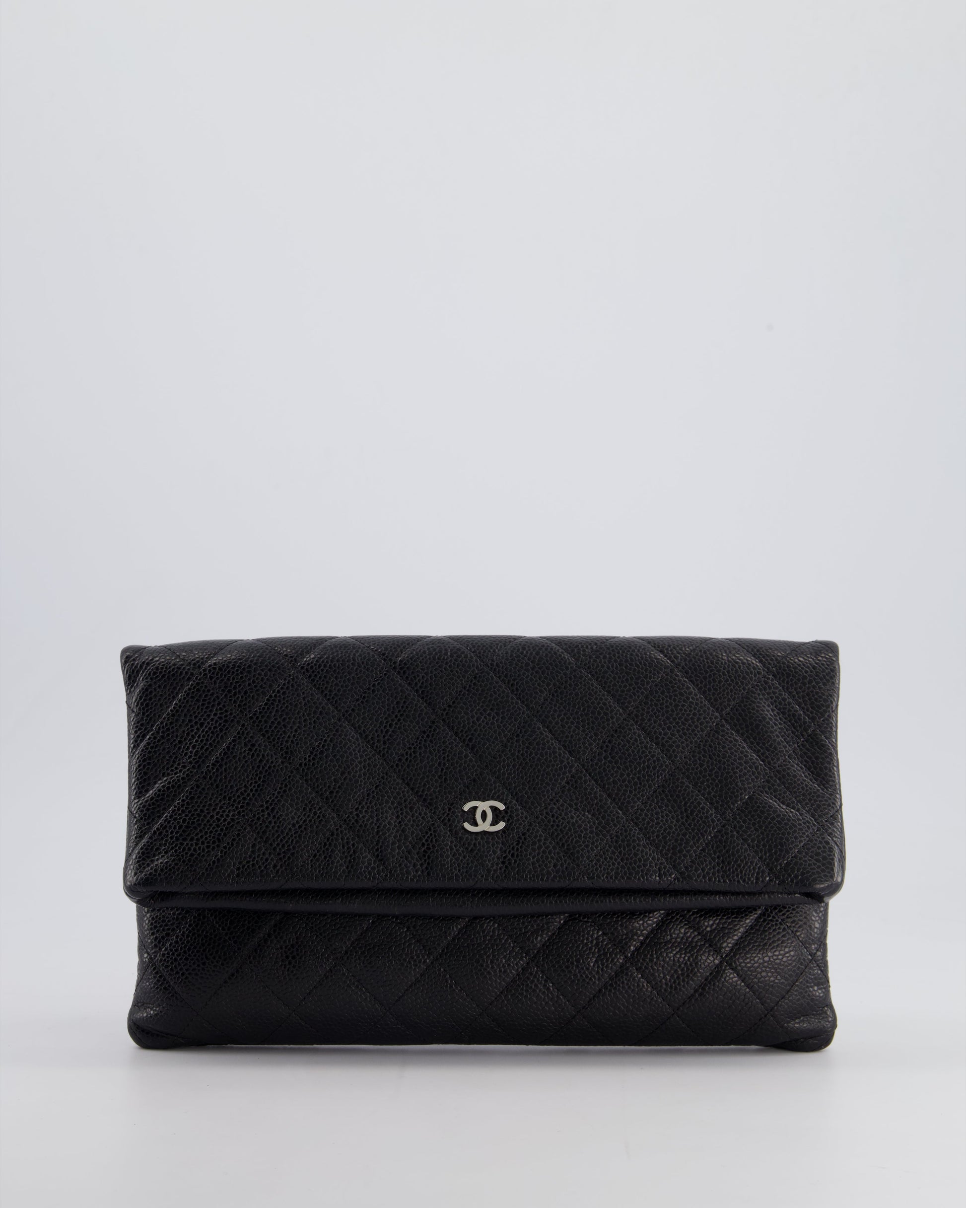 Chanel Black Long Clutch Bag In Caviar Leather With Silver Hardware