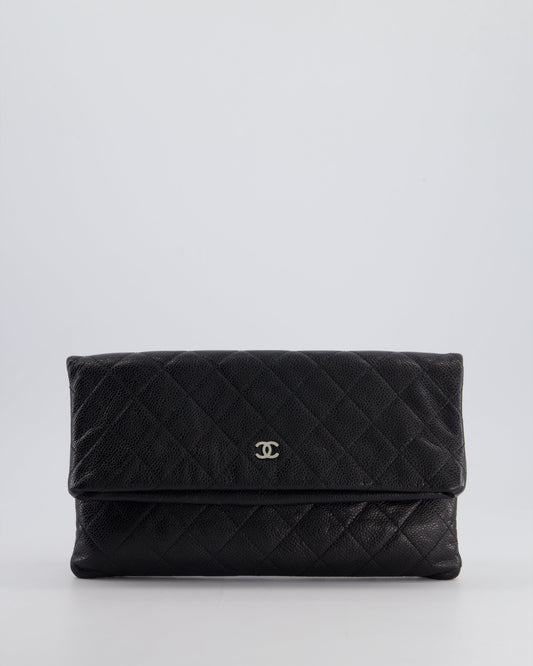 Chanel Black Long Clutch Bag In Caviar Leather With Silver Hardware