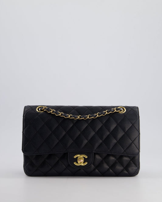 Chanel Black Medium Classic Double Flap Bag In Caviar Leather With 24K Gold Hardware
