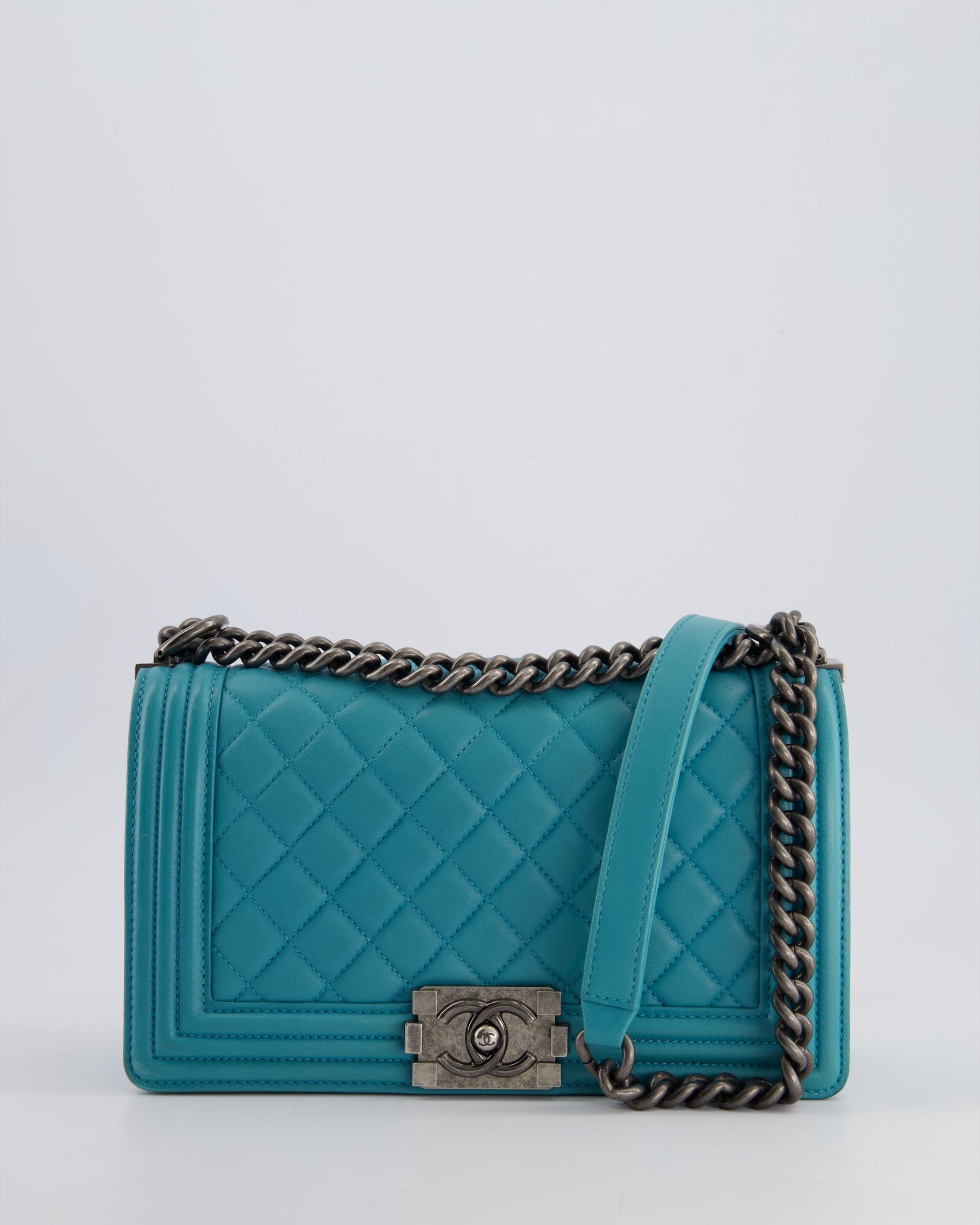 Chanel *Fire Price* Teal Medium Boy Bag In Lambskin Leather With Ruthenium Hardware