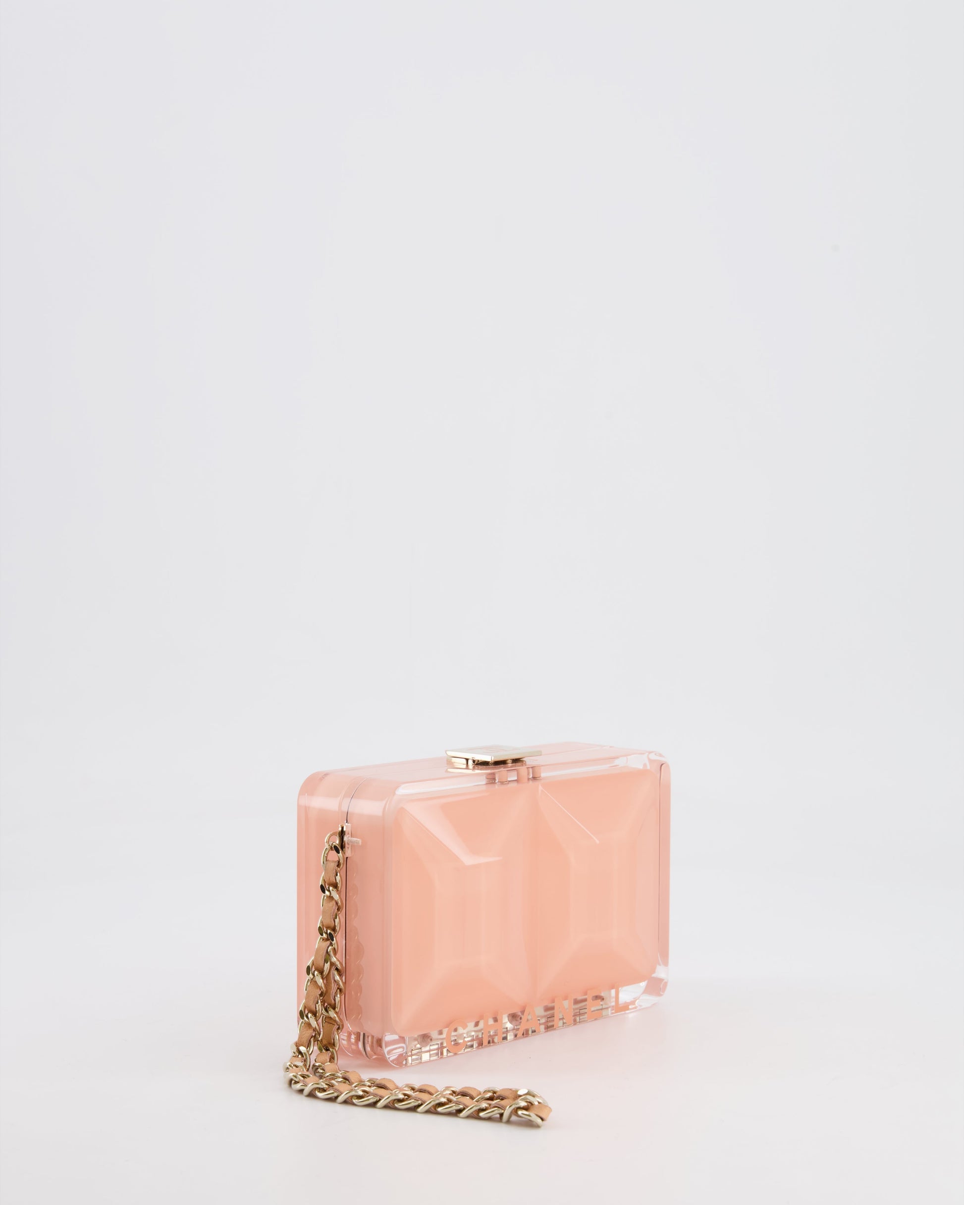Chanel *Collector'S Piece* Minaudi?®Re Pink Plexiglass Clutch Bag With Champagne Hardware And Logo Detail