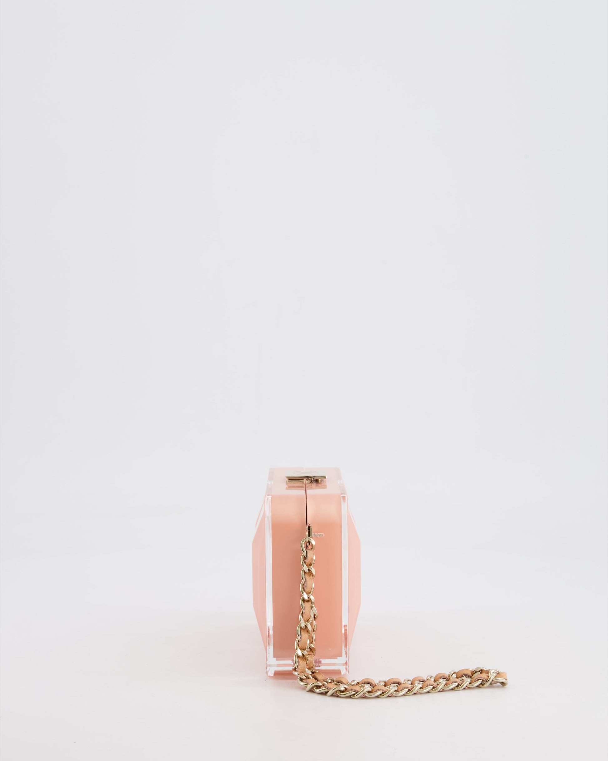 Chanel *Collector'S Piece* Minaudi?®Re Pink Plexiglass Clutch Bag With Champagne Hardware And Logo Detail