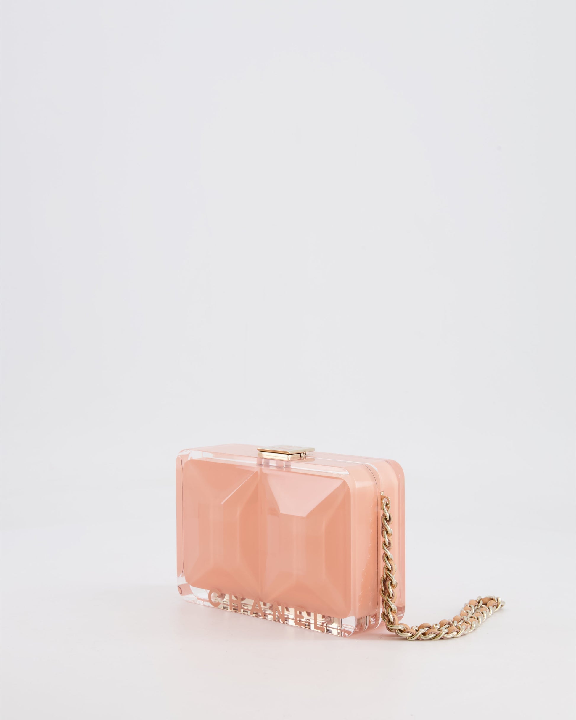 *COLLECTOR'S PIECE* Chanel Minaudi?®re Pink Plexiglass Clutch Bag With Champagne Hardware and Logo Detail