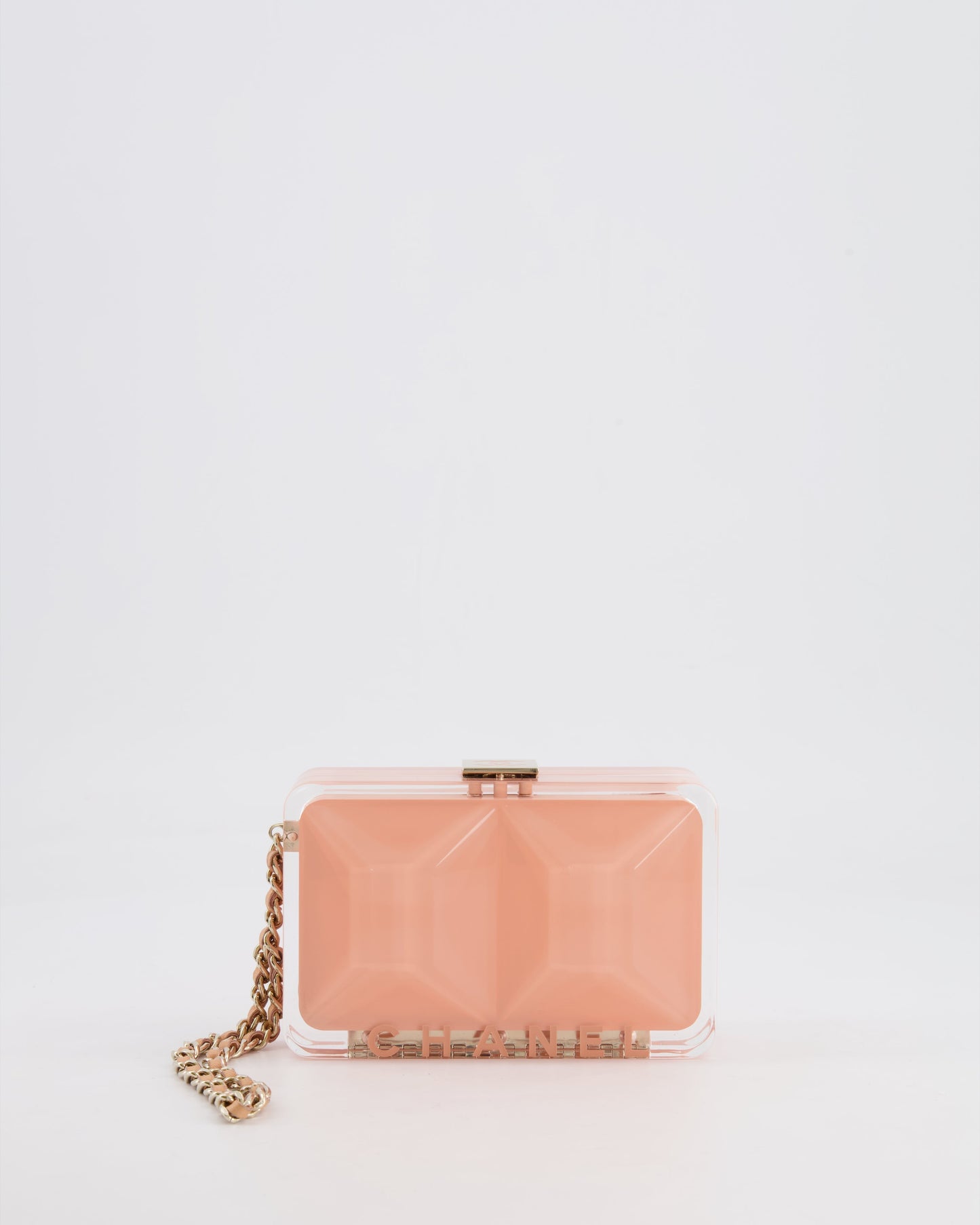 Chanel *Collector'S Piece* Minaudi?®Re Pink Plexiglass Clutch Bag With Champagne Hardware And Logo Detail