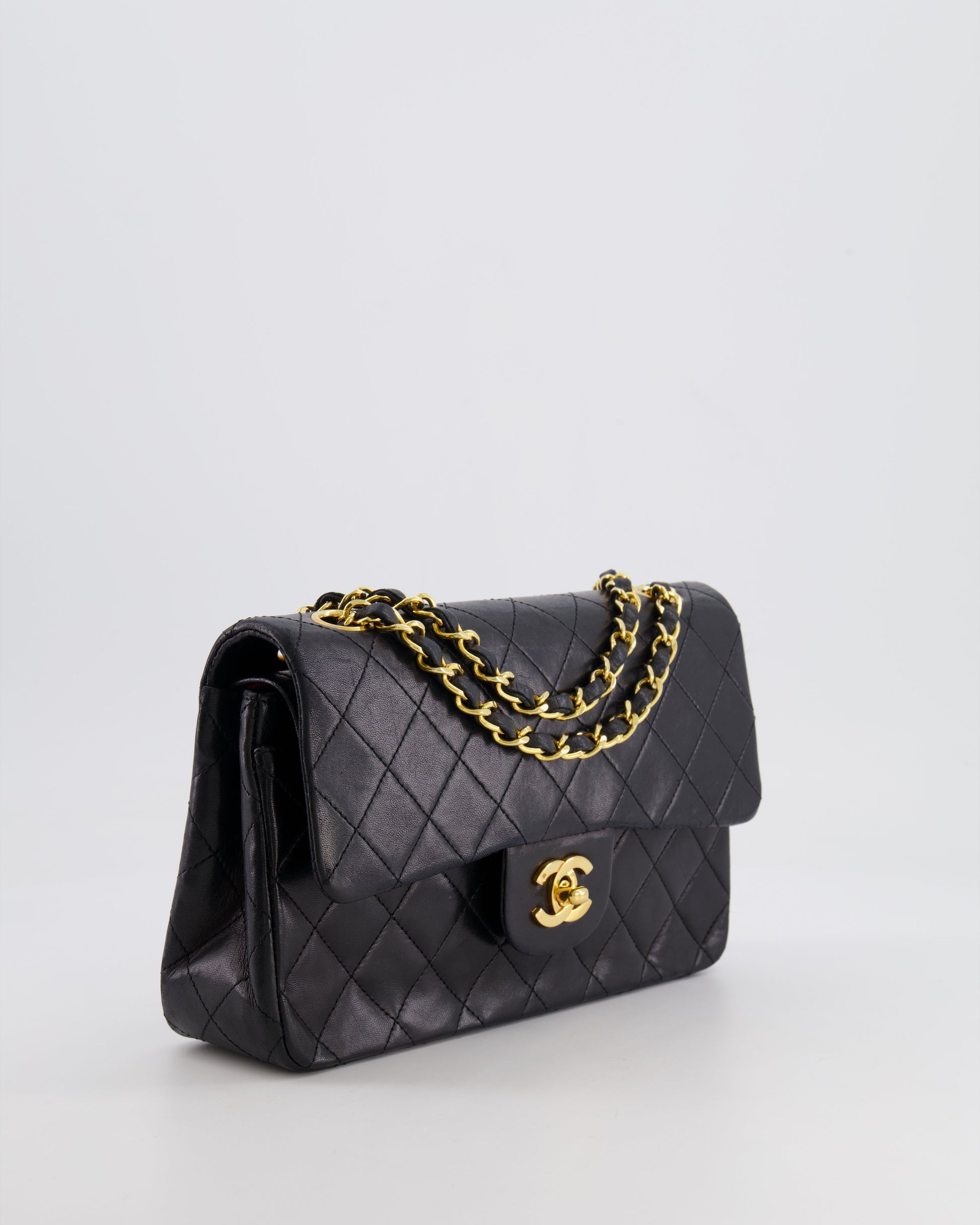 Chanel Black Classic Small Double Flap Bag In Lambskin Leather With 24K Gold Hardware