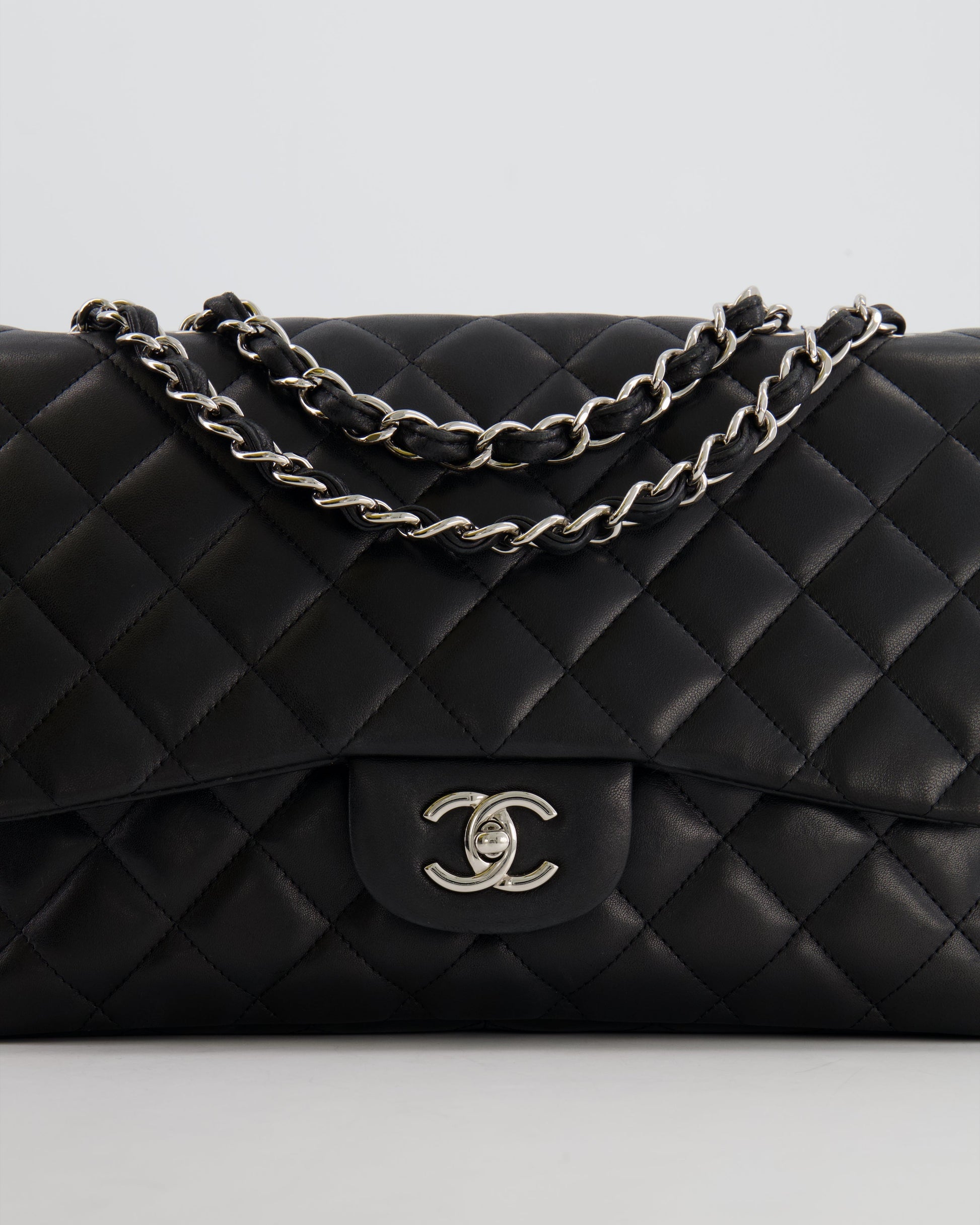 Chanel Black Jumbo Classic Single Flap Bag In Lambskin Leather With Silver Hardware
