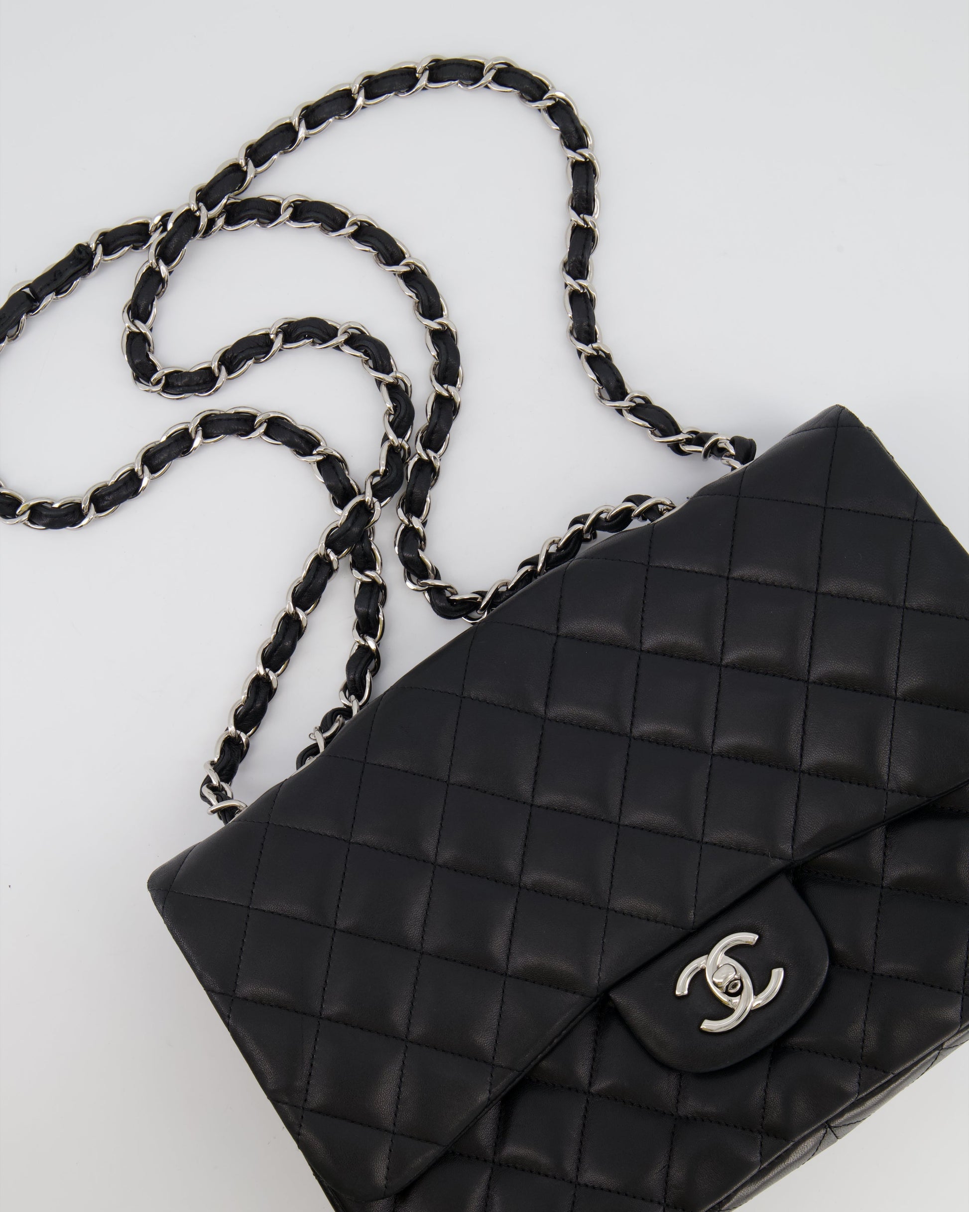 Chanel Black Jumbo Classic Single Flap Bag In Lambskin Leather With Silver Hardware