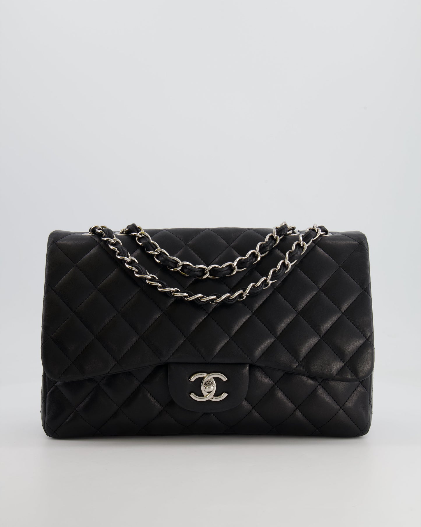 Chanel Black Jumbo Classic Single Flap Bag In Lambskin Leather With Silver Hardware