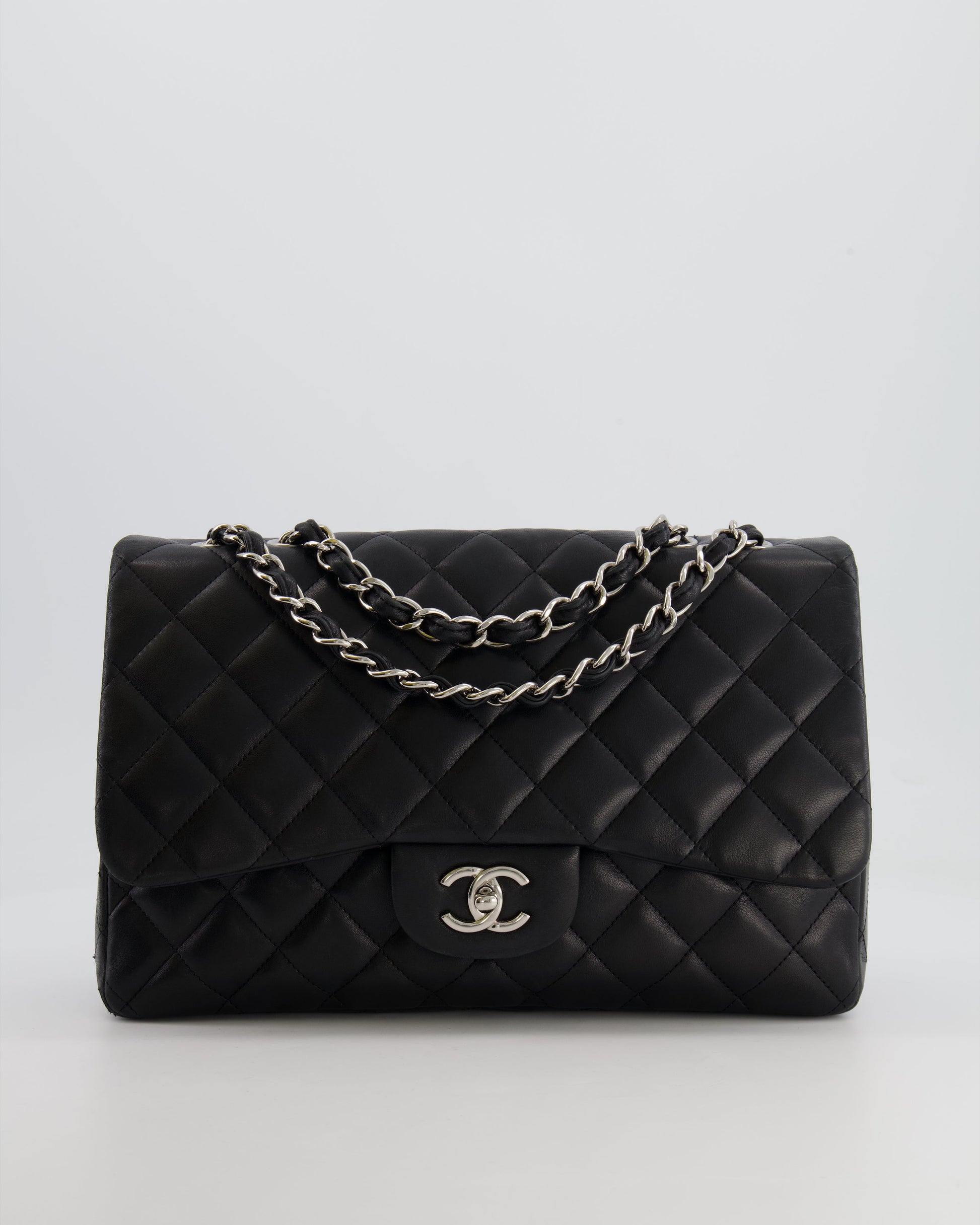 Chanel Black Jumbo Classic Single Flap Bag In Lambskin Leather With Silver Hardware
