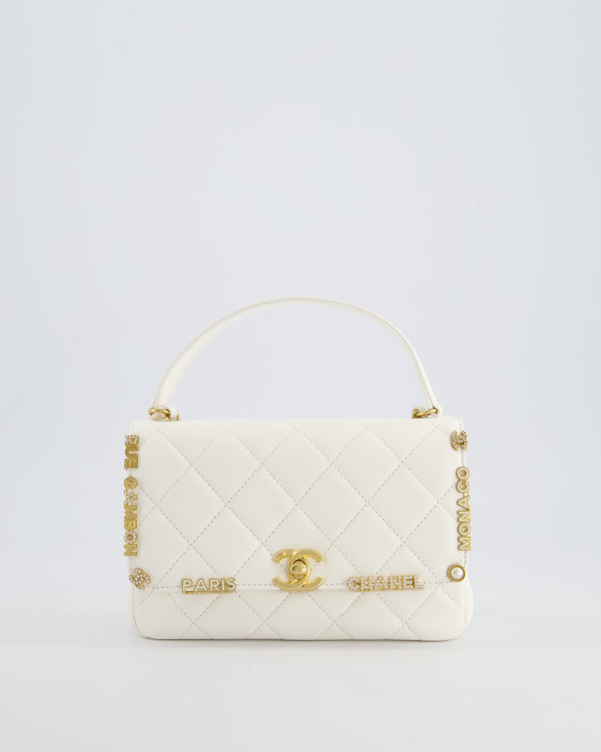 Chanel *Limited Edition* White Paris Monaco Mini Single Flap Bag With Black Interior, Crystal Details And Brushed Gold Hardware