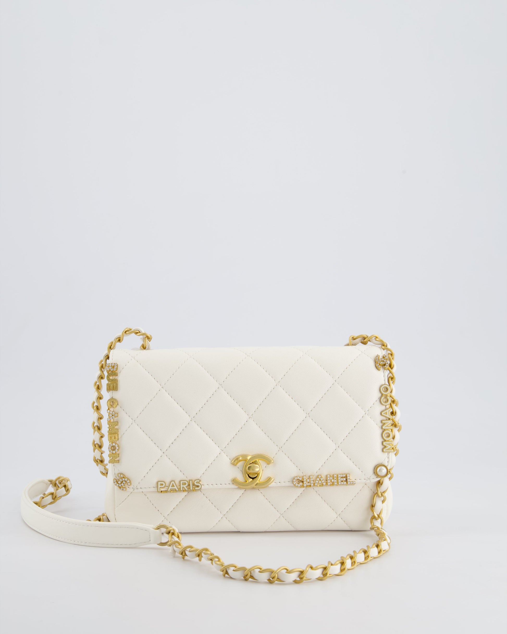 Chanel *limited Edition* White Paris Monaco Mini Single Flap Bag with Black Interior,crystal Details and Brushed Gold Hardware