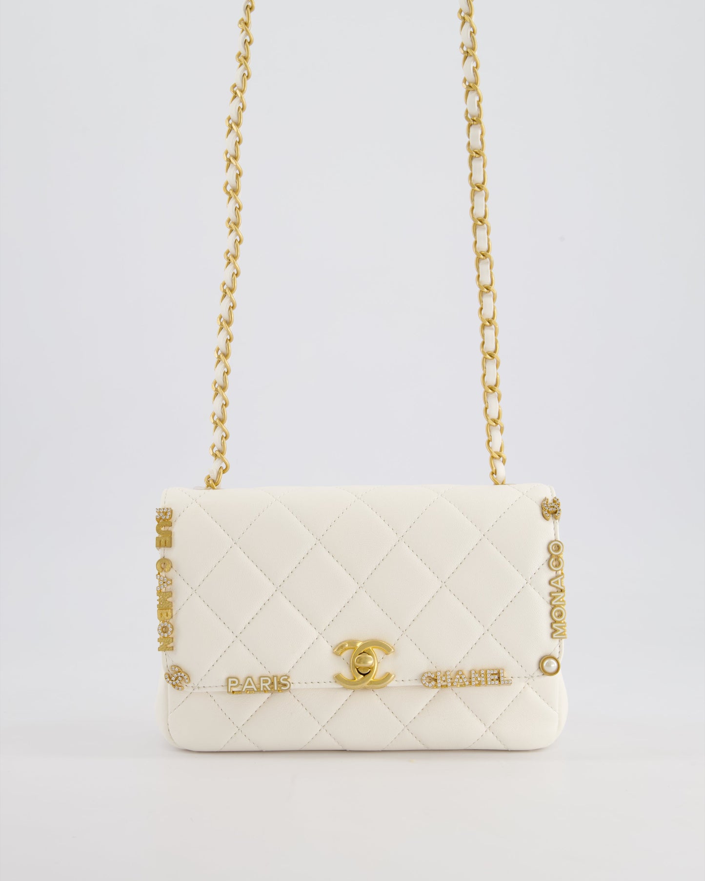 Chanel *Limited Edition* White Paris Monaco Mini Single Flap Bag With Black Interior, Crystal Details And Brushed Gold Hardware