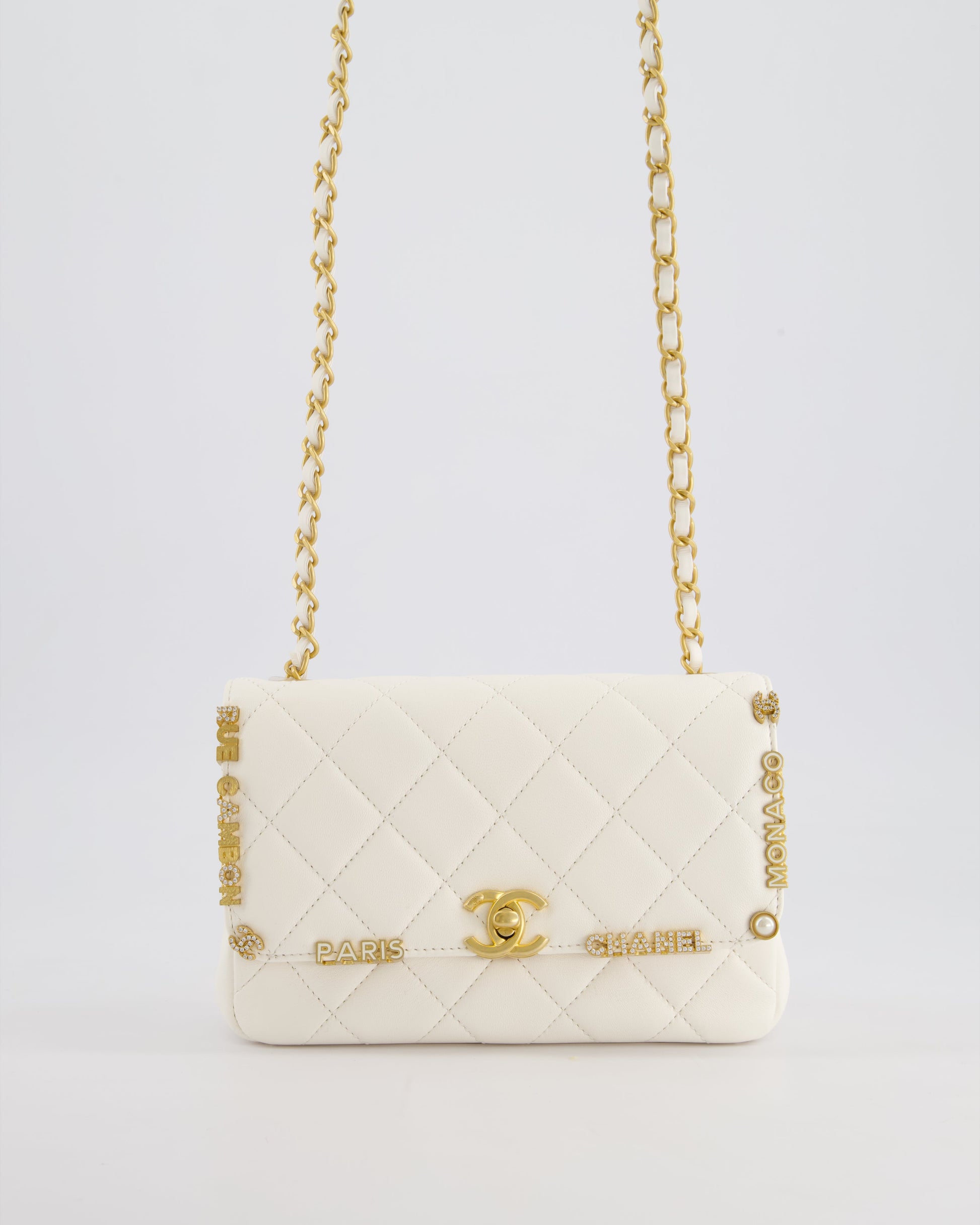 Chanel *limited Edition* White Paris Monaco Mini Single Flap Bag with Black Interior,crystal Details and Brushed Gold Hardware