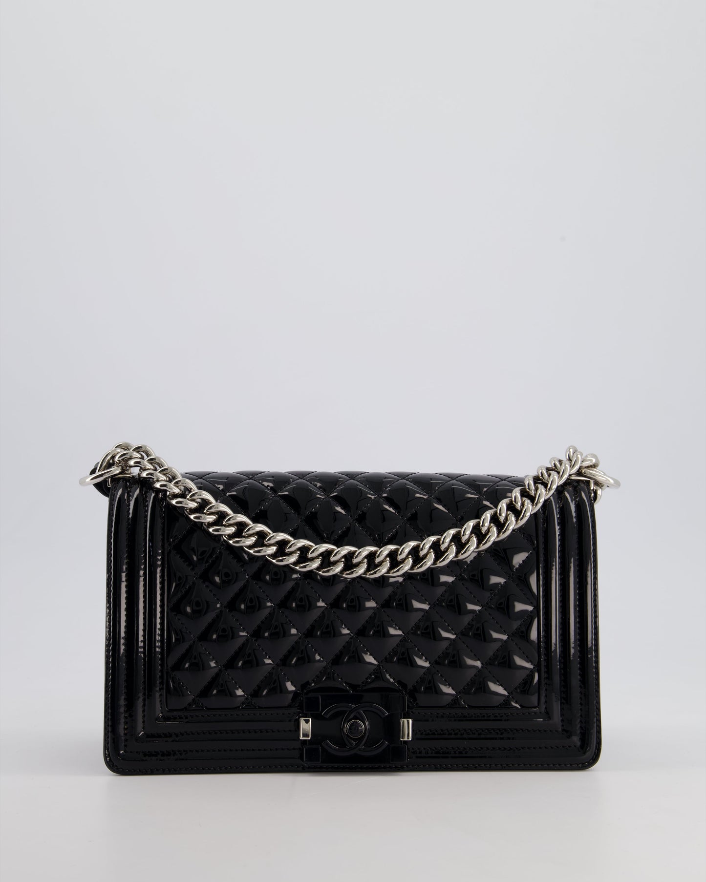 Chanel *fire Price* Black Patent Medium Boy Bag with Black and Silver Hardware
