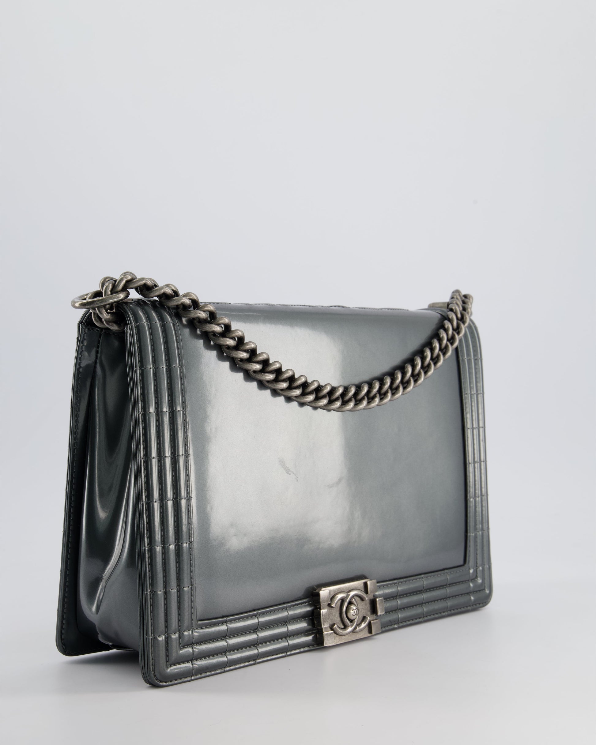Chanel Large Dark Grey Boy Bag In Patent Leather With Ruthenium Hardware