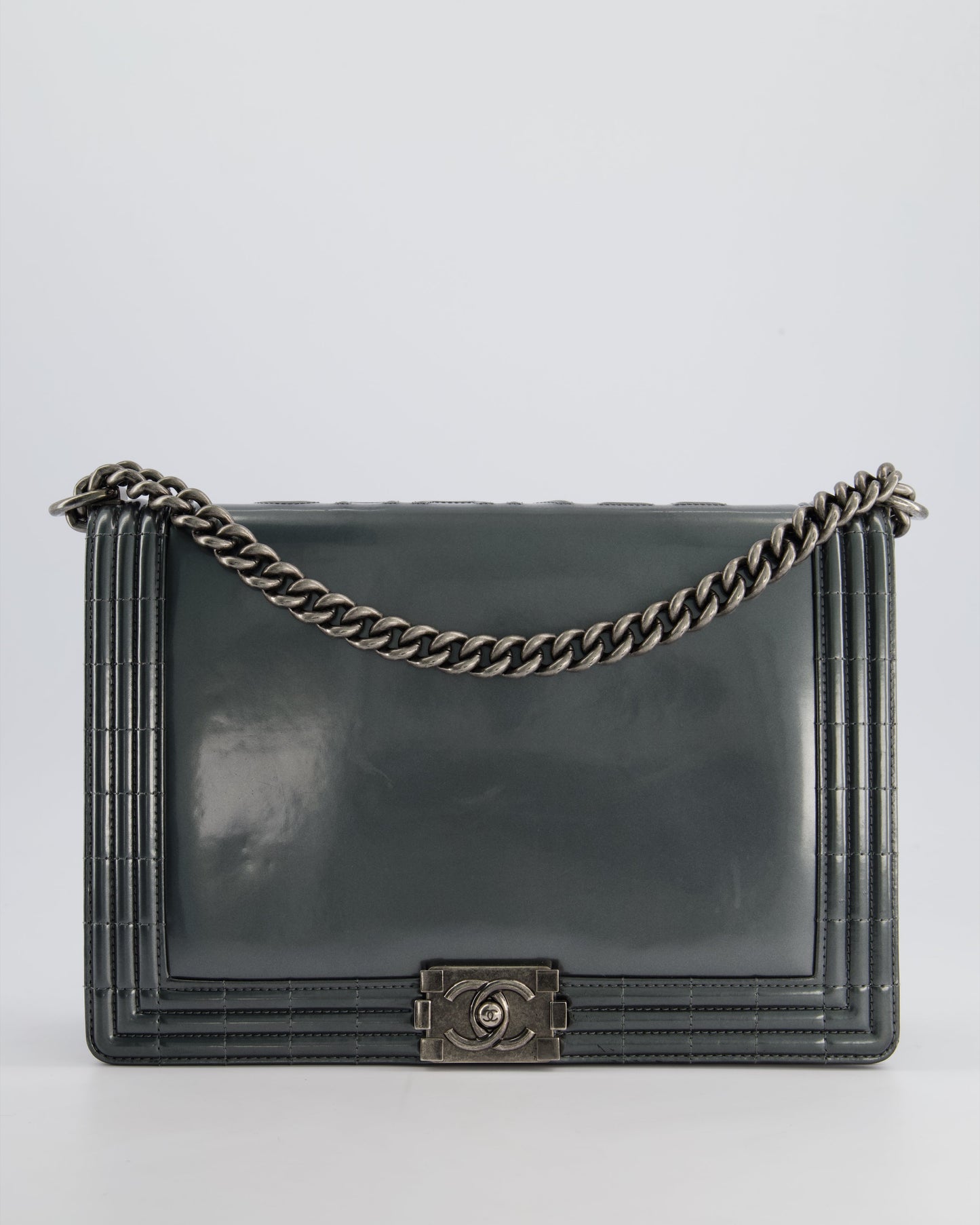 Chanel Large Dark Grey Boy Bag In Patent Leather With Ruthenium Hardware