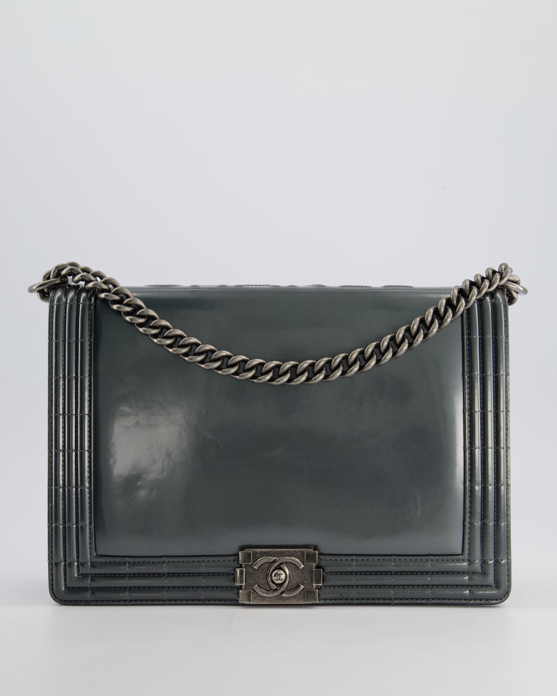 Chanel Large Dark Grey Boy Bag In Patent Leather With Ruthenium Hardware