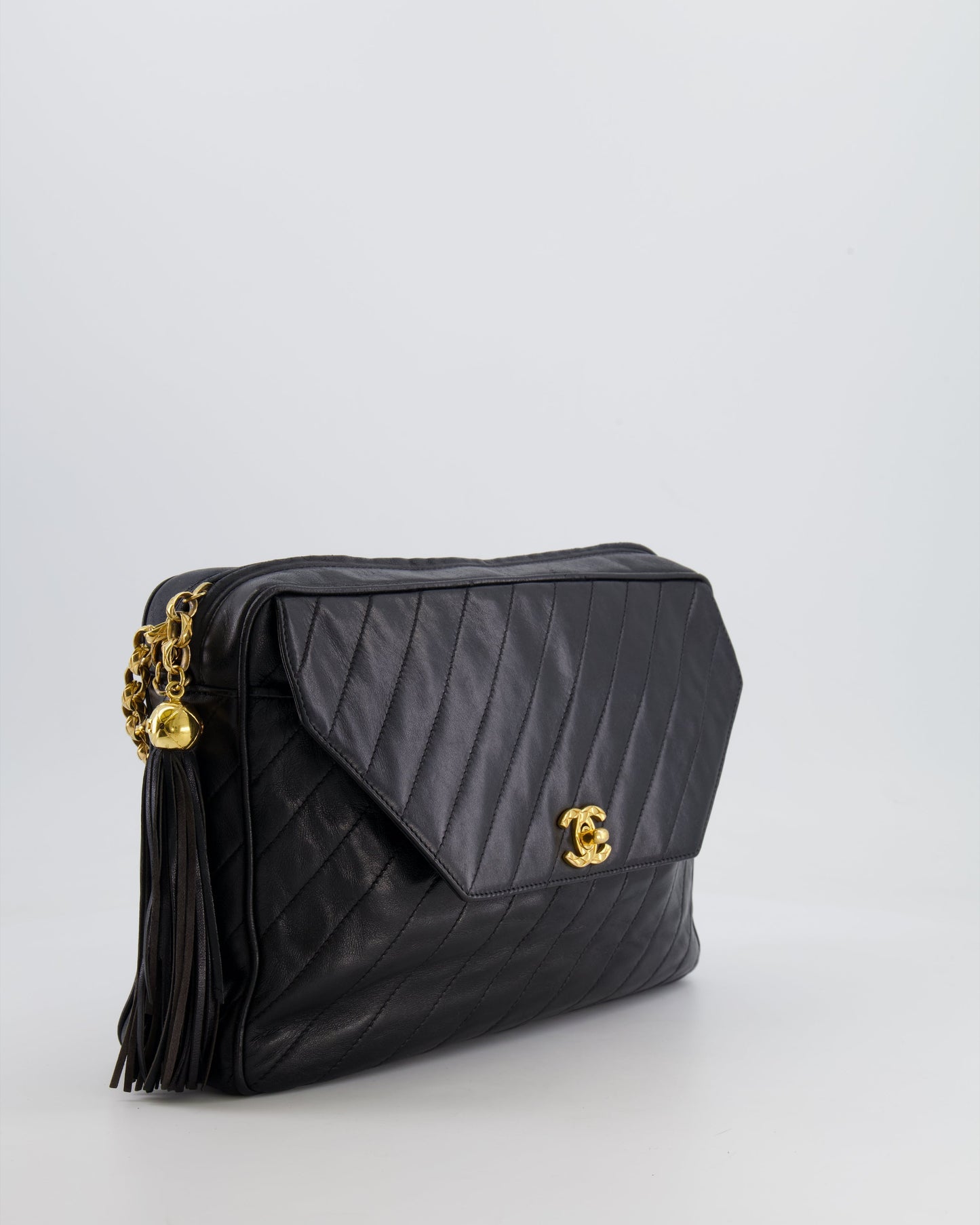 Chanel Black Large Camera Bag In Lambskin Leather With Front Pocket With 24K Gold Hardware