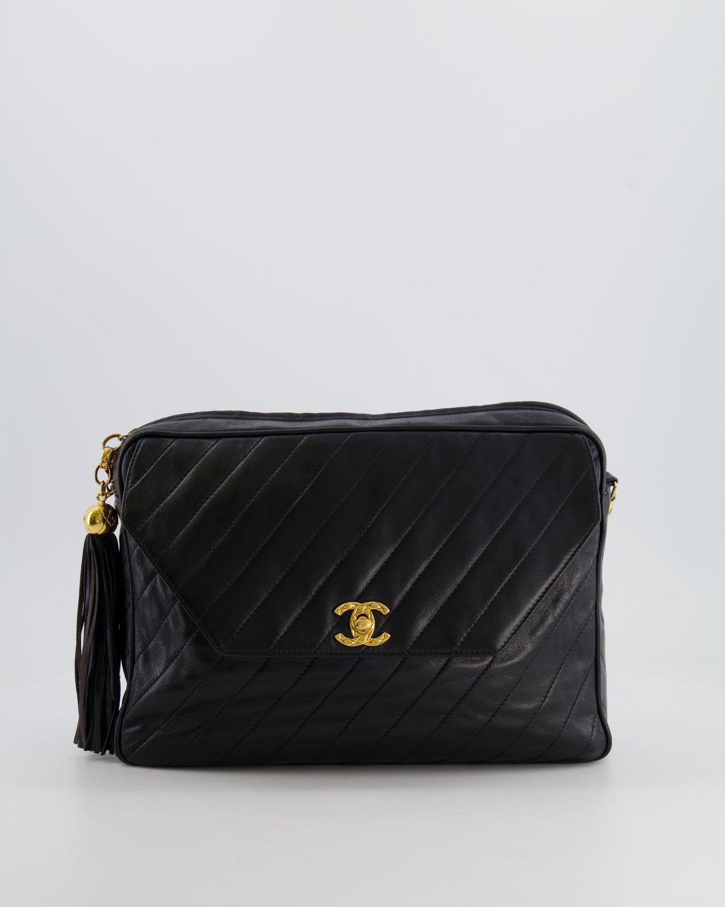 Chanel Black Large Camera Bag In Lambskin Leather With Front Pocket With 24K Gold Hardware