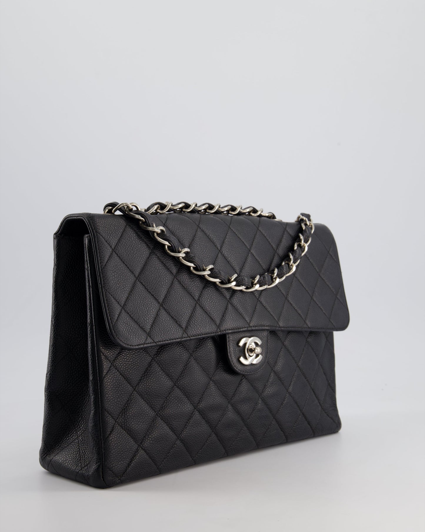 Chanel Black   Quilted Caviar Square Jumbo Classic Single Flap Bag with Silver Hardware
