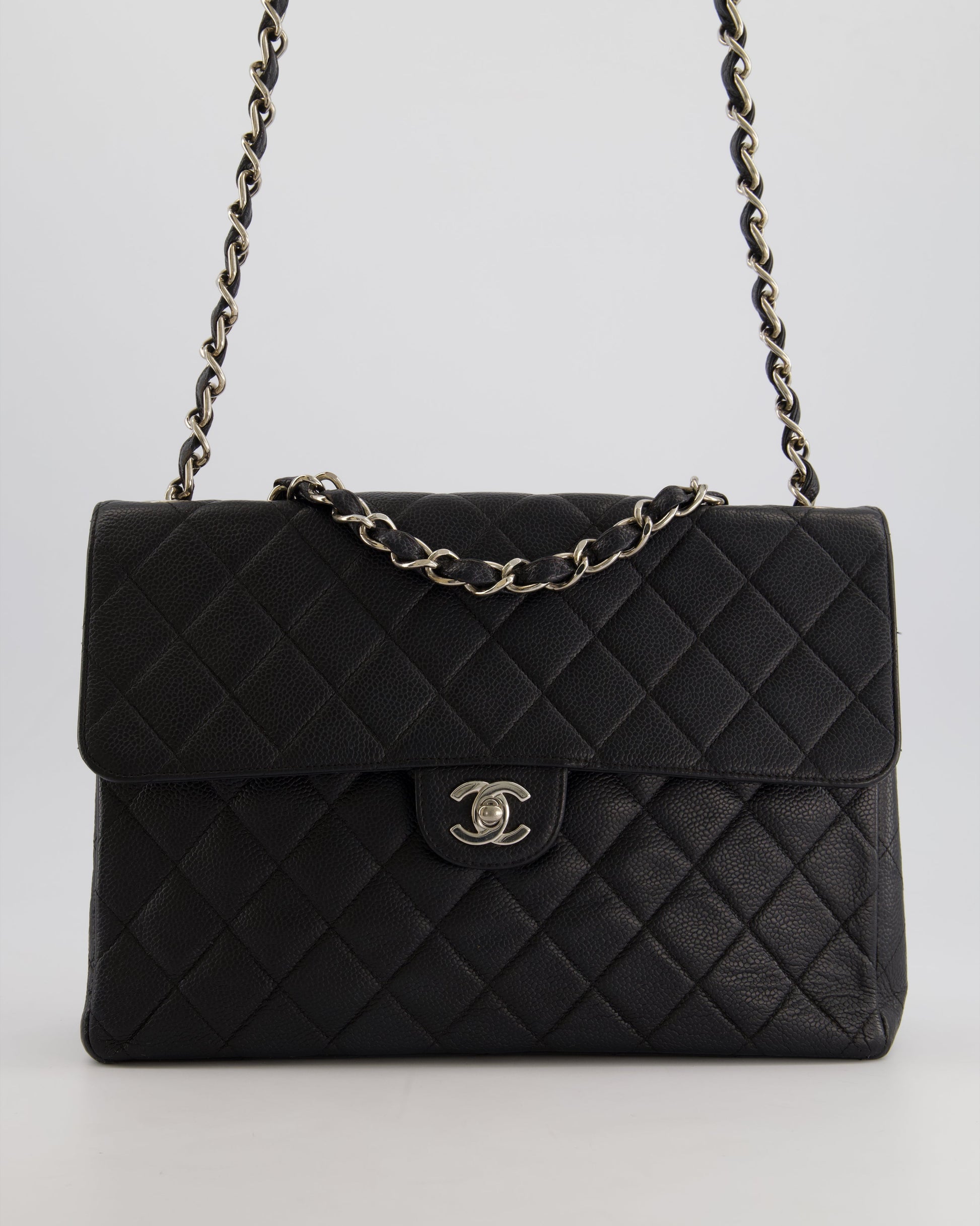 Chanel Black Quilted Caviar Square Jumbo Classic Single Flap Bag With Silver Hardware