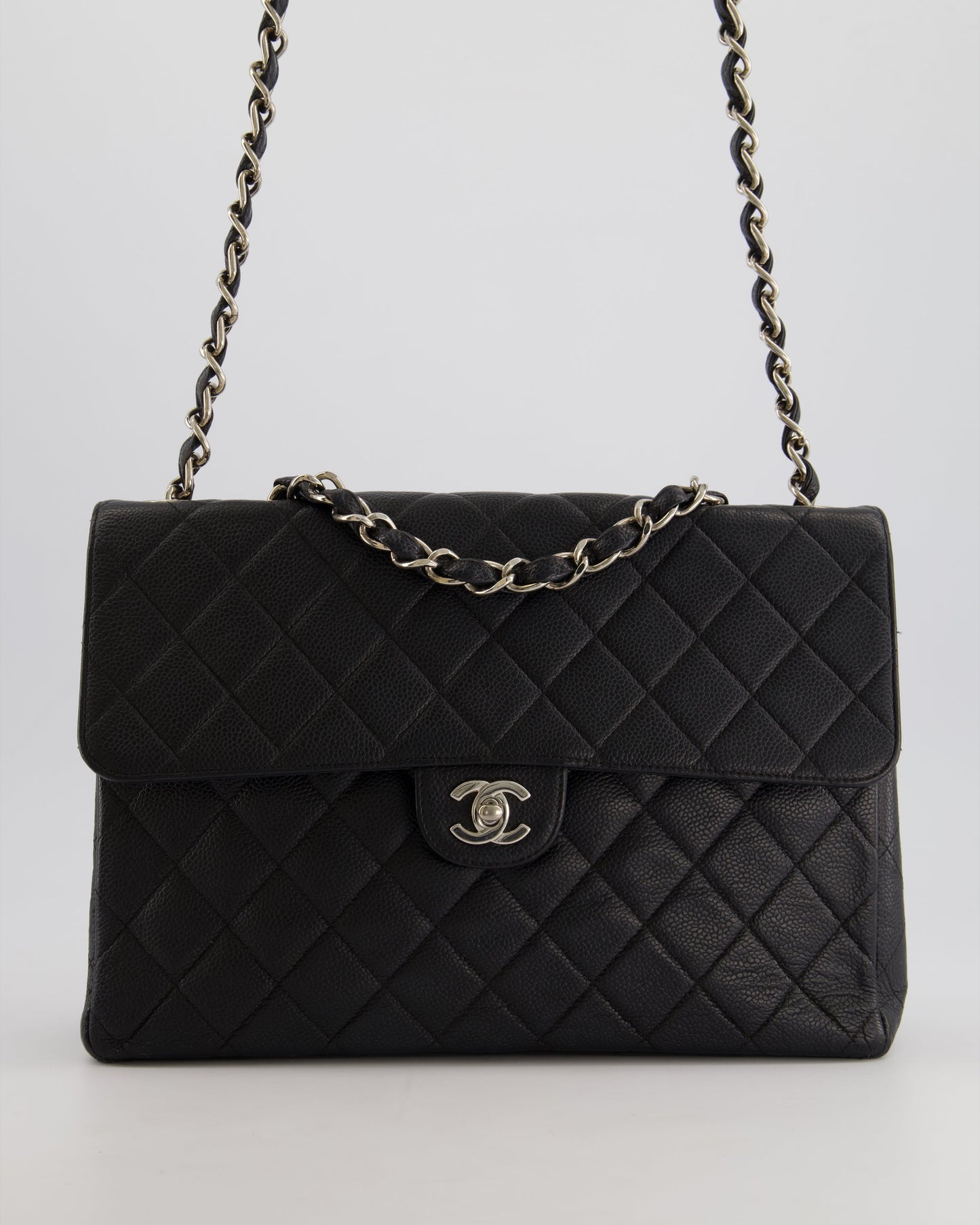 Chanel Black   Quilted Caviar Square Jumbo Classic Single Flap Bag with Silver Hardware