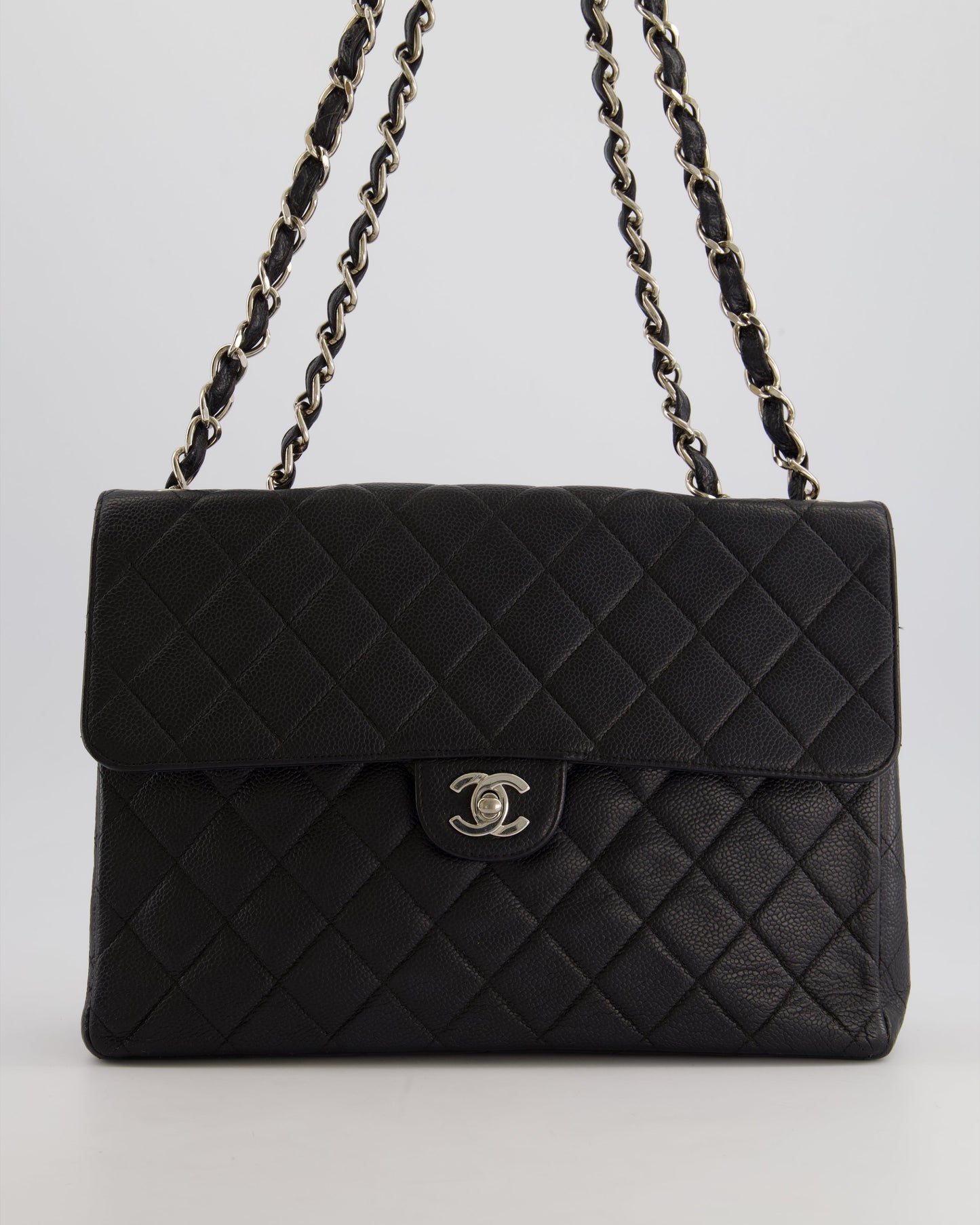 Chanel Black   Quilted Caviar Square Jumbo Classic Single Flap Bag with Silver Hardware