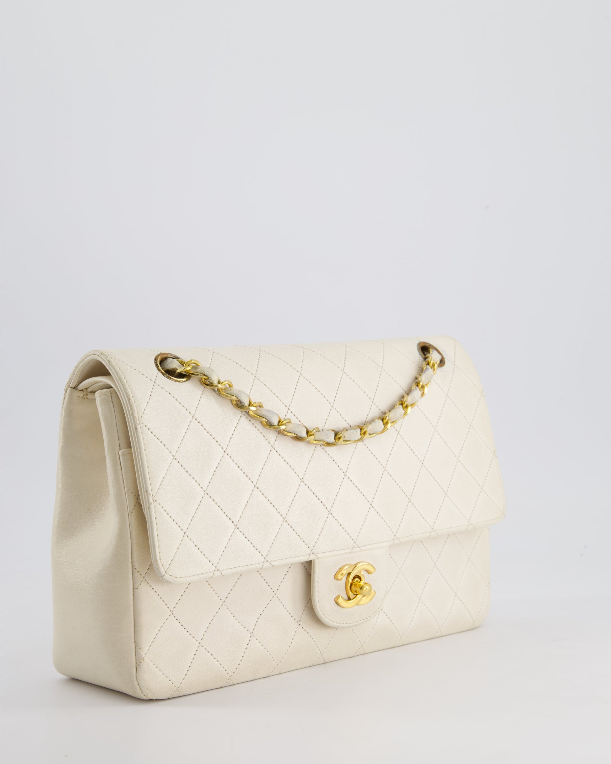 Chanel White Medium Classic Double Flap Bag In Lambskin Leather With 24K Gold Hardware