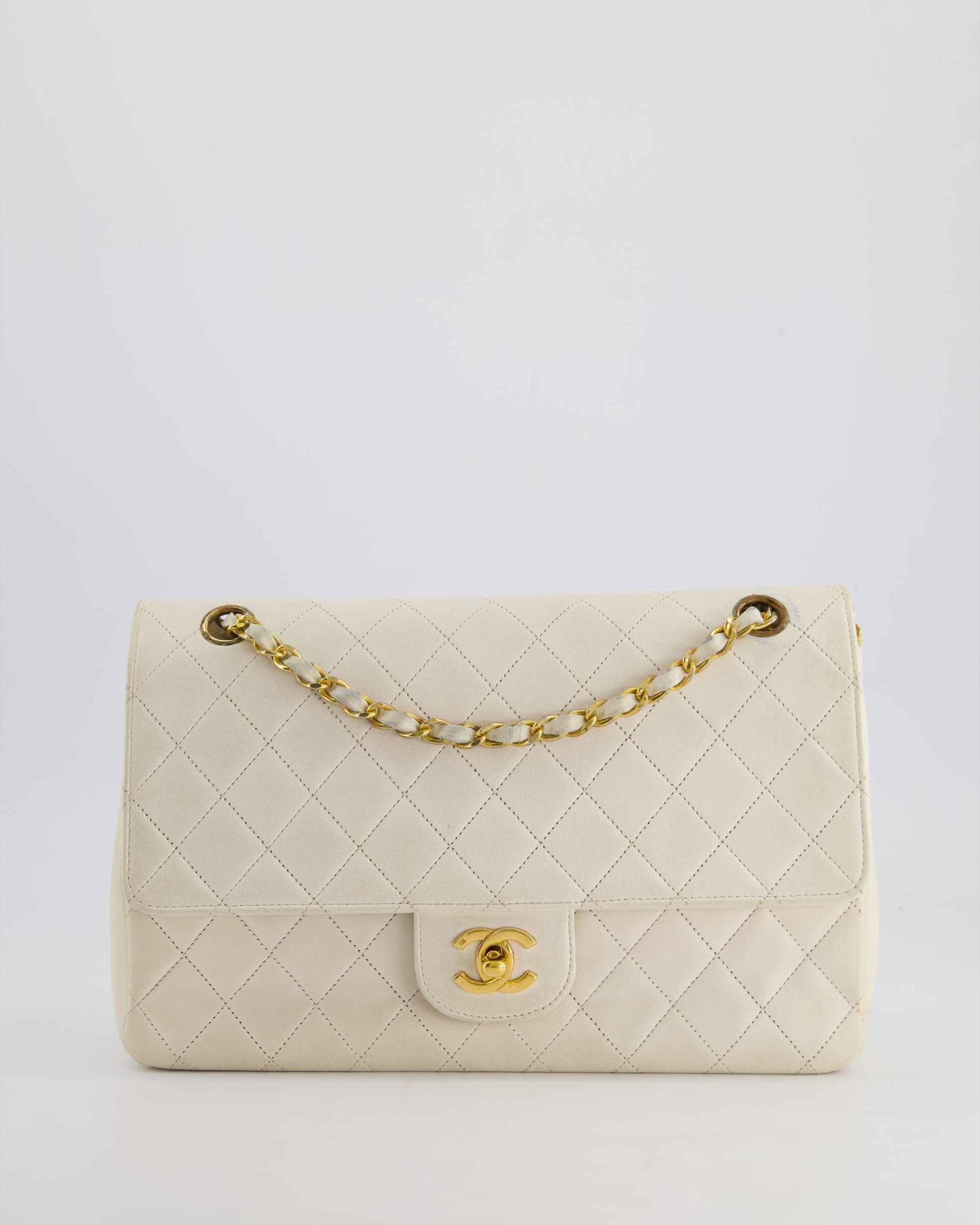Chanel White Medium Classic Double Flap Bag In Lambskin Leather With 24K Gold Hardware