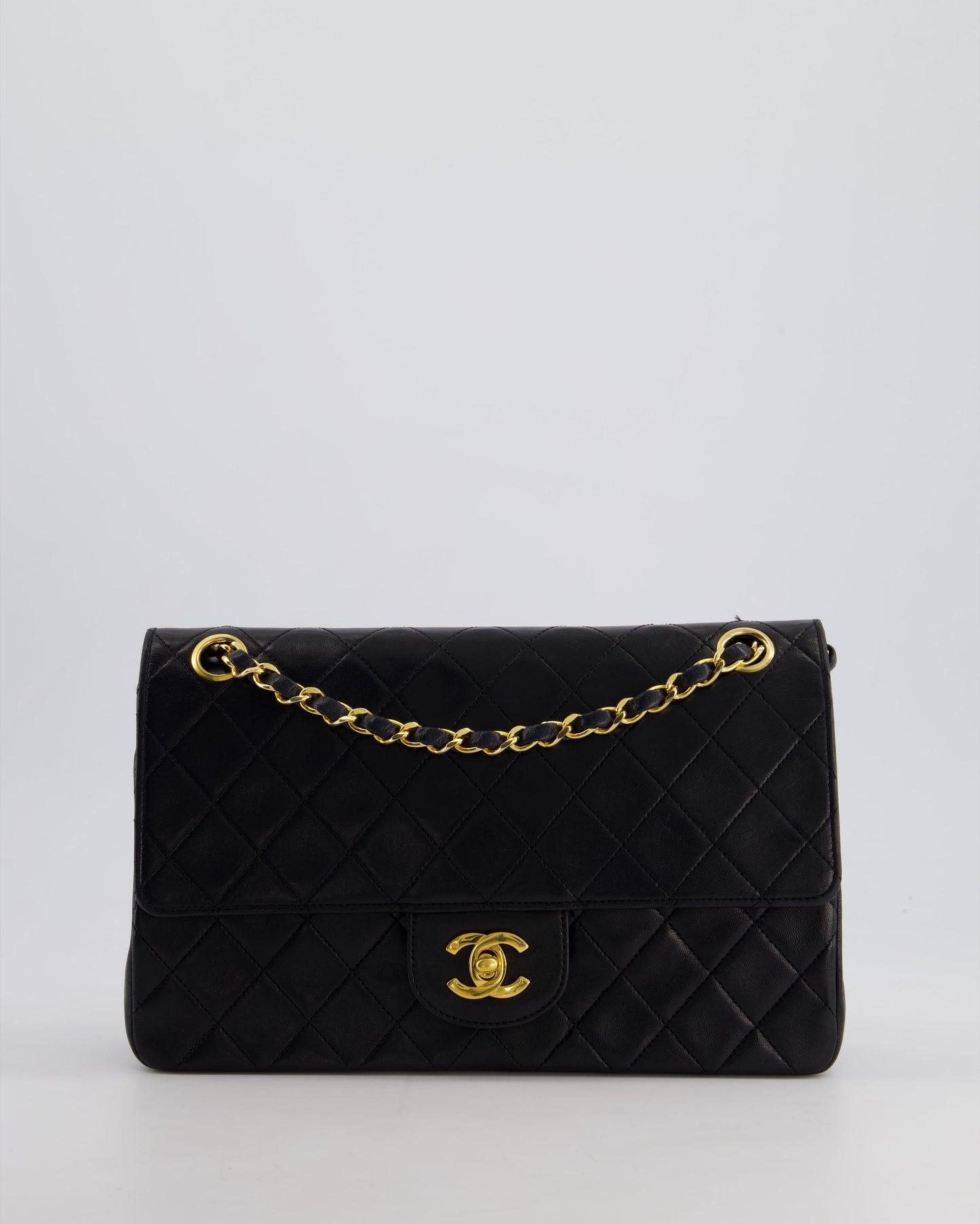 Chanel Black Medium Classic Double Flap Bag In Lambskin Leather With 24K Gold Hardware
