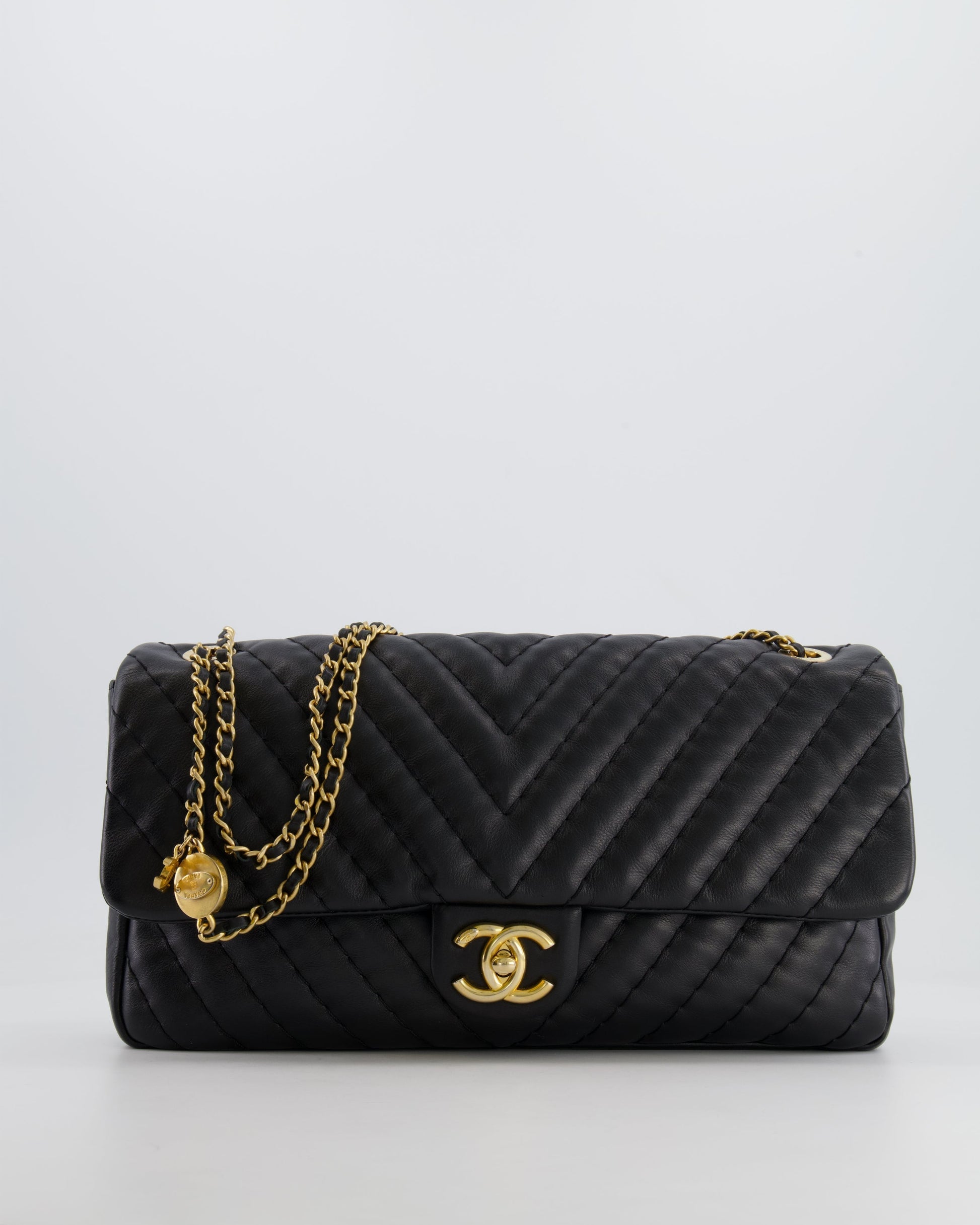 Chanel Black Large Single Flap Bag In Chevron Lambskin Leather With Gold Hardware And Cc Medallion Detail