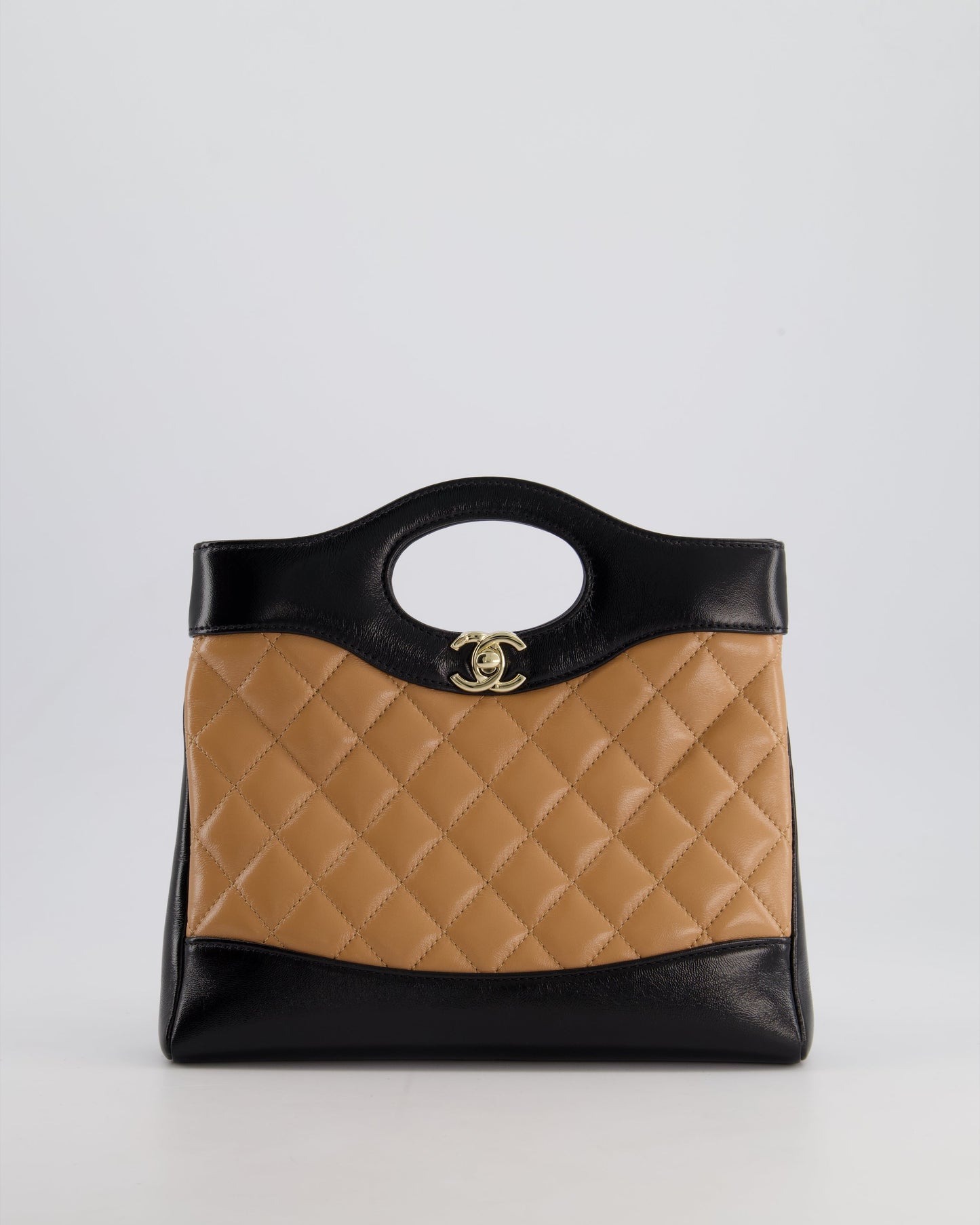 Chanel *hot* Small 31 Bag with Chain in Black and Light Brown Shiny Calfskin Leather with Champagne Gold Hardware