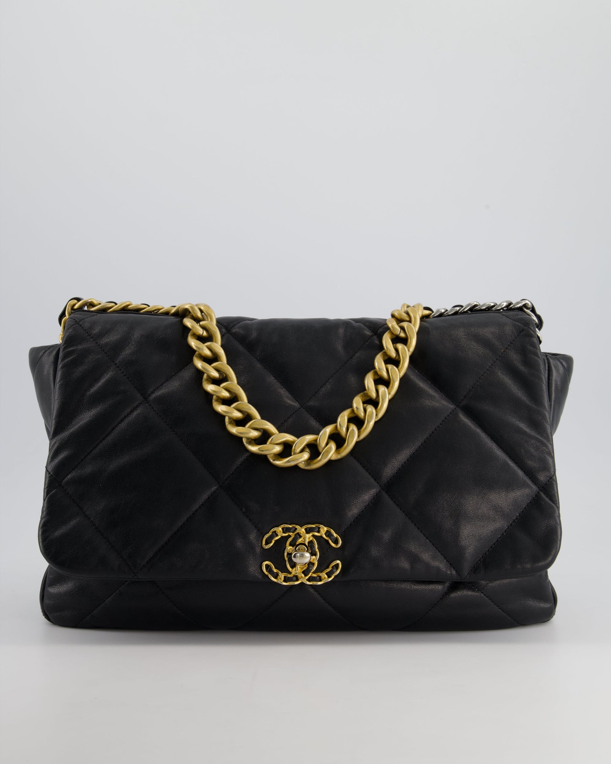 Chanel Black Maxi 19 Bag In Quilted Goatskin Leather With Mixed Hardware