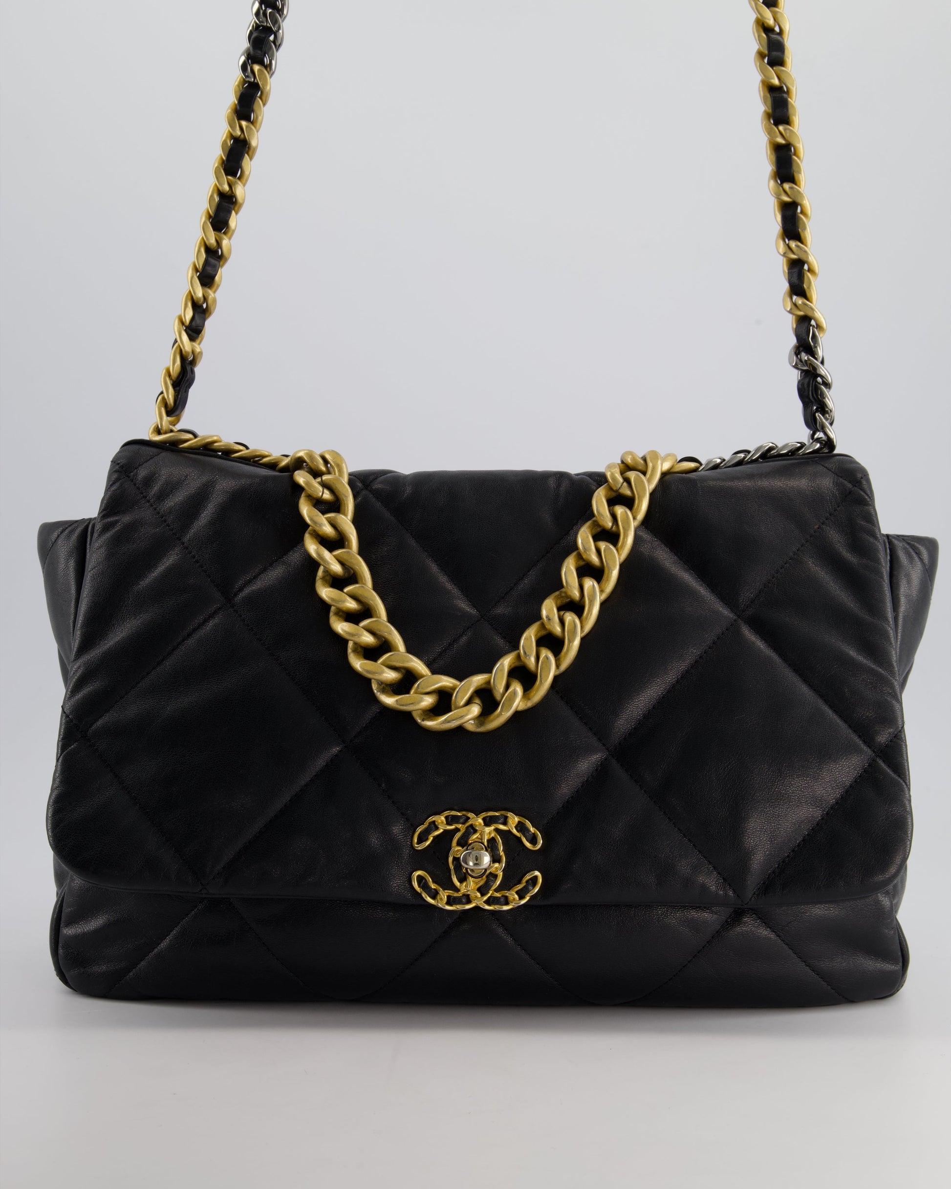 Chanel Black Maxi 19 Bag In Quilted Goatskin Leather With Mixed Hardware