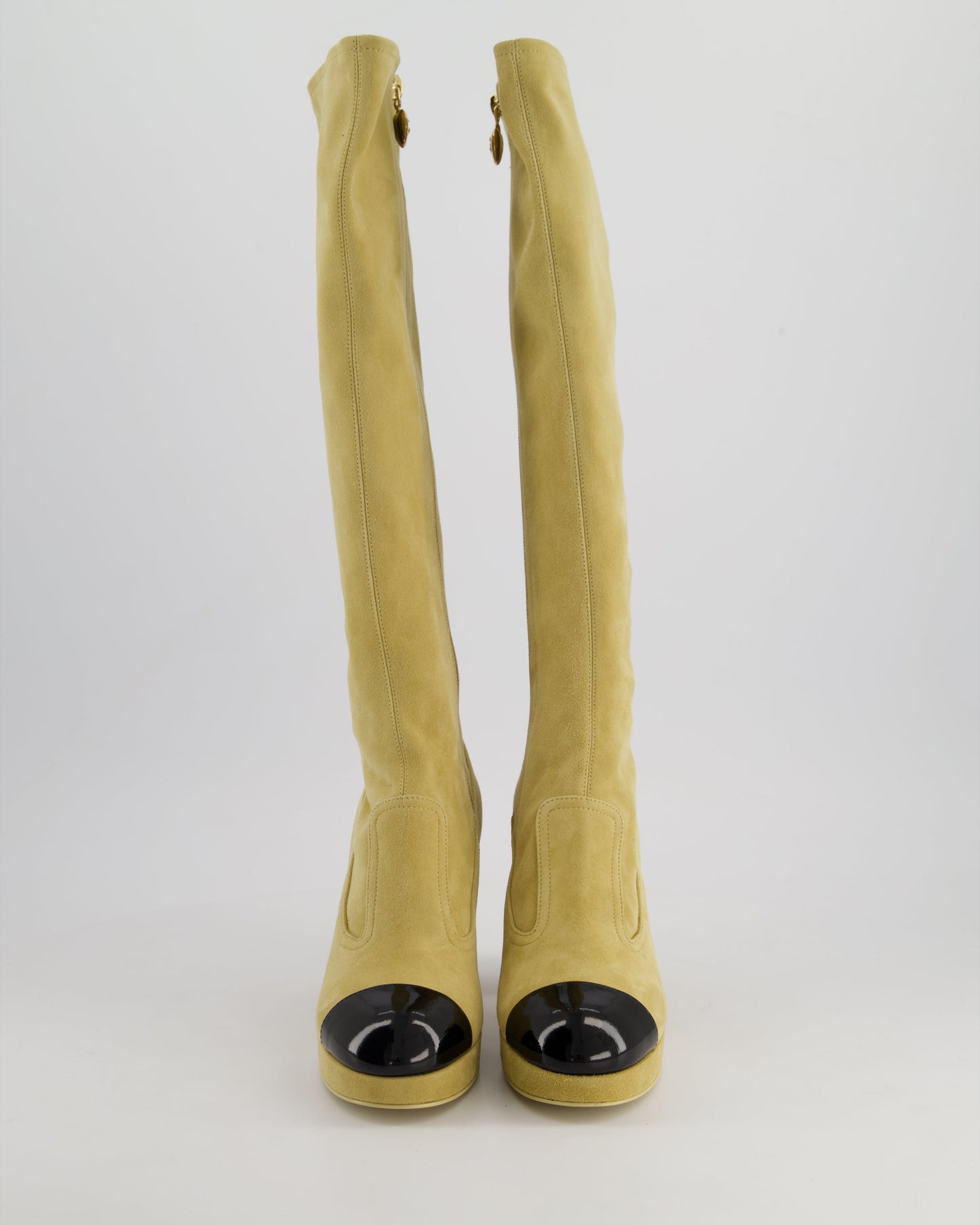 Chanel *hot* Ss/24 Beige Suede Platform Logo Knee High Boots Size Eu 36 for Women