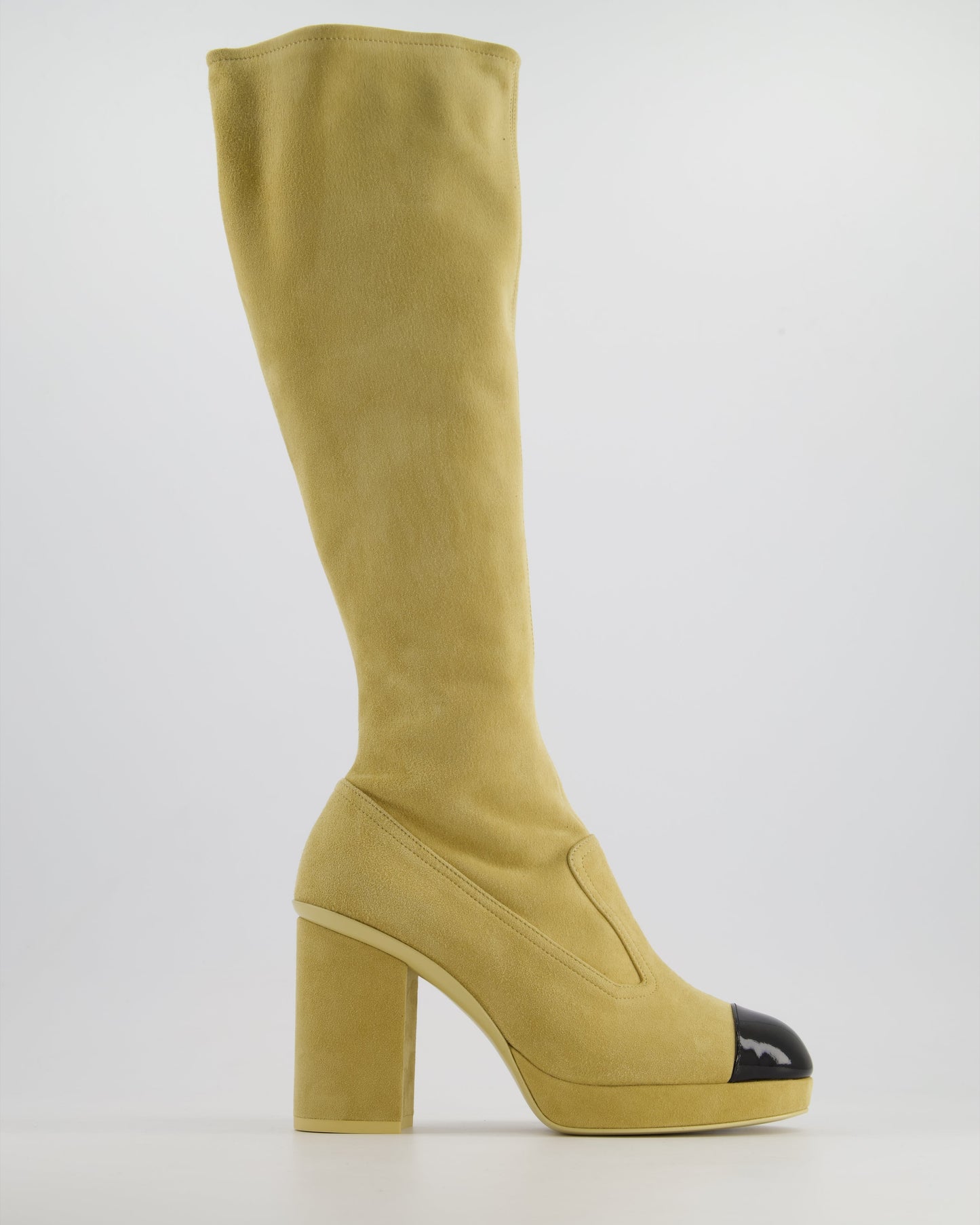 Chanel *Hot* Ss/24 Beige Suede Platform Logo Knee-High Boots Size Eu 36