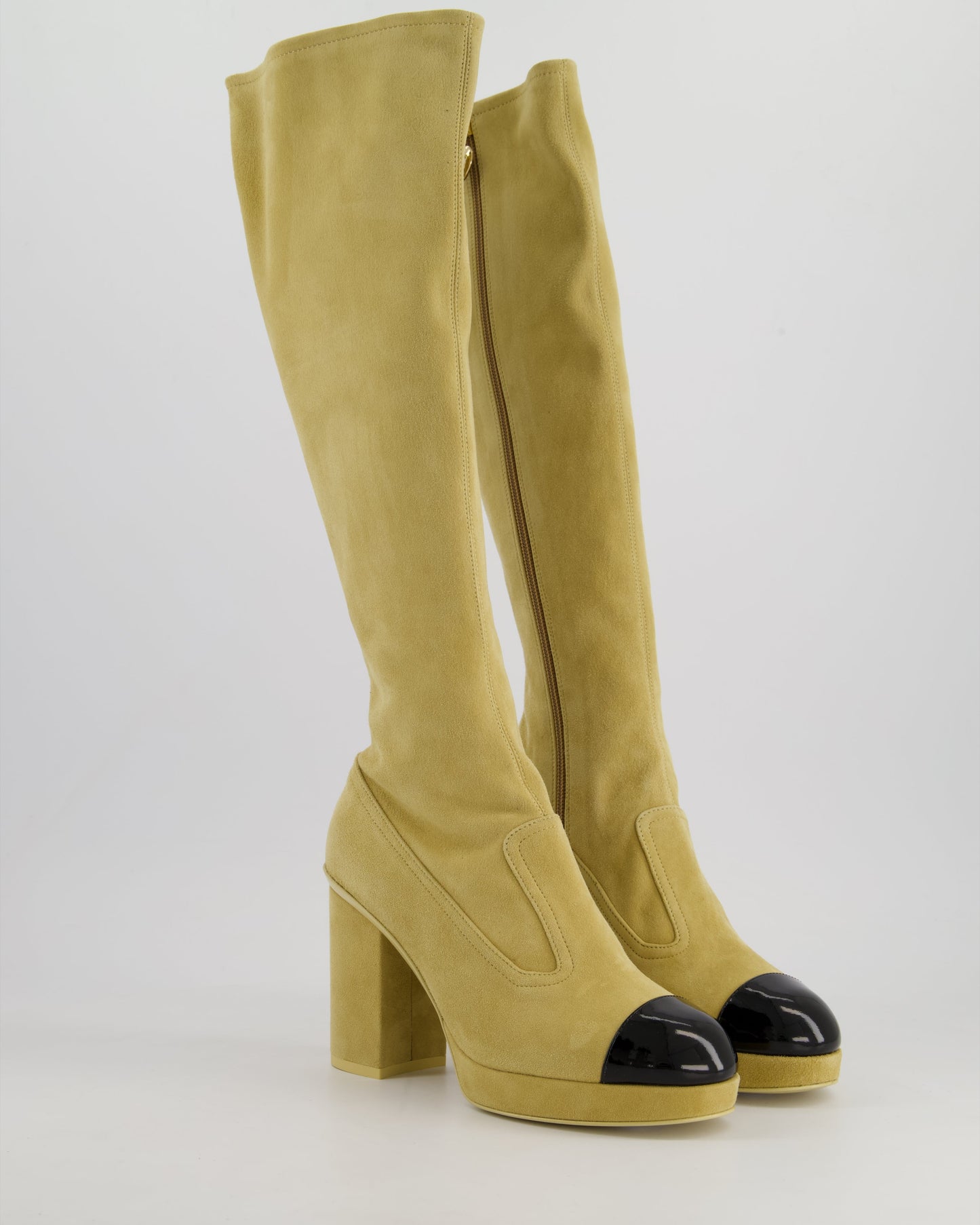 Chanel *Hot* Ss/24 Beige Suede Platform Logo Knee-High Boots Size Eu 36