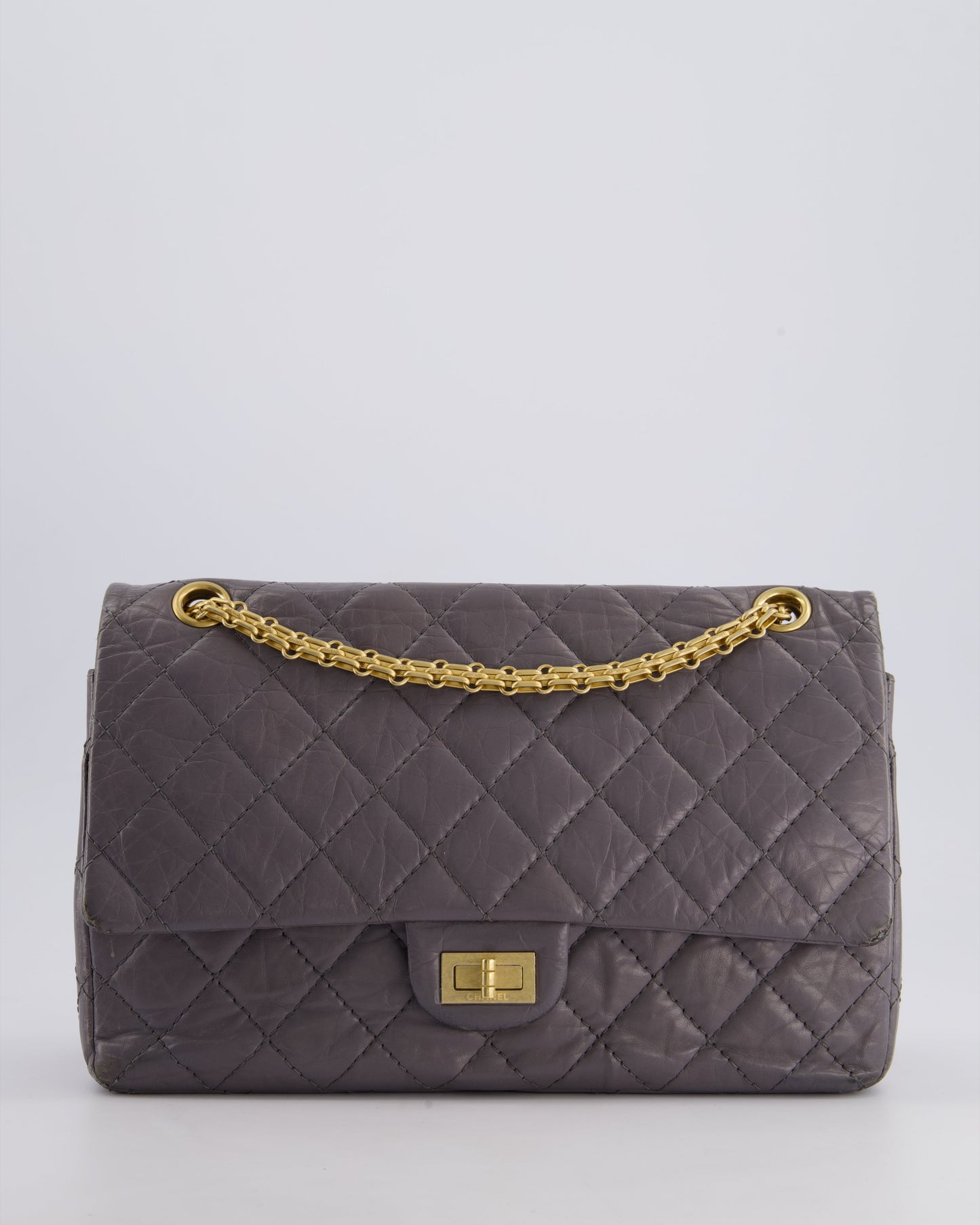 Chanel Grey Medium Reissue 2.55 Double Flap Bag In Quilted Crumpled Calfskin With Aged Gold Hardware