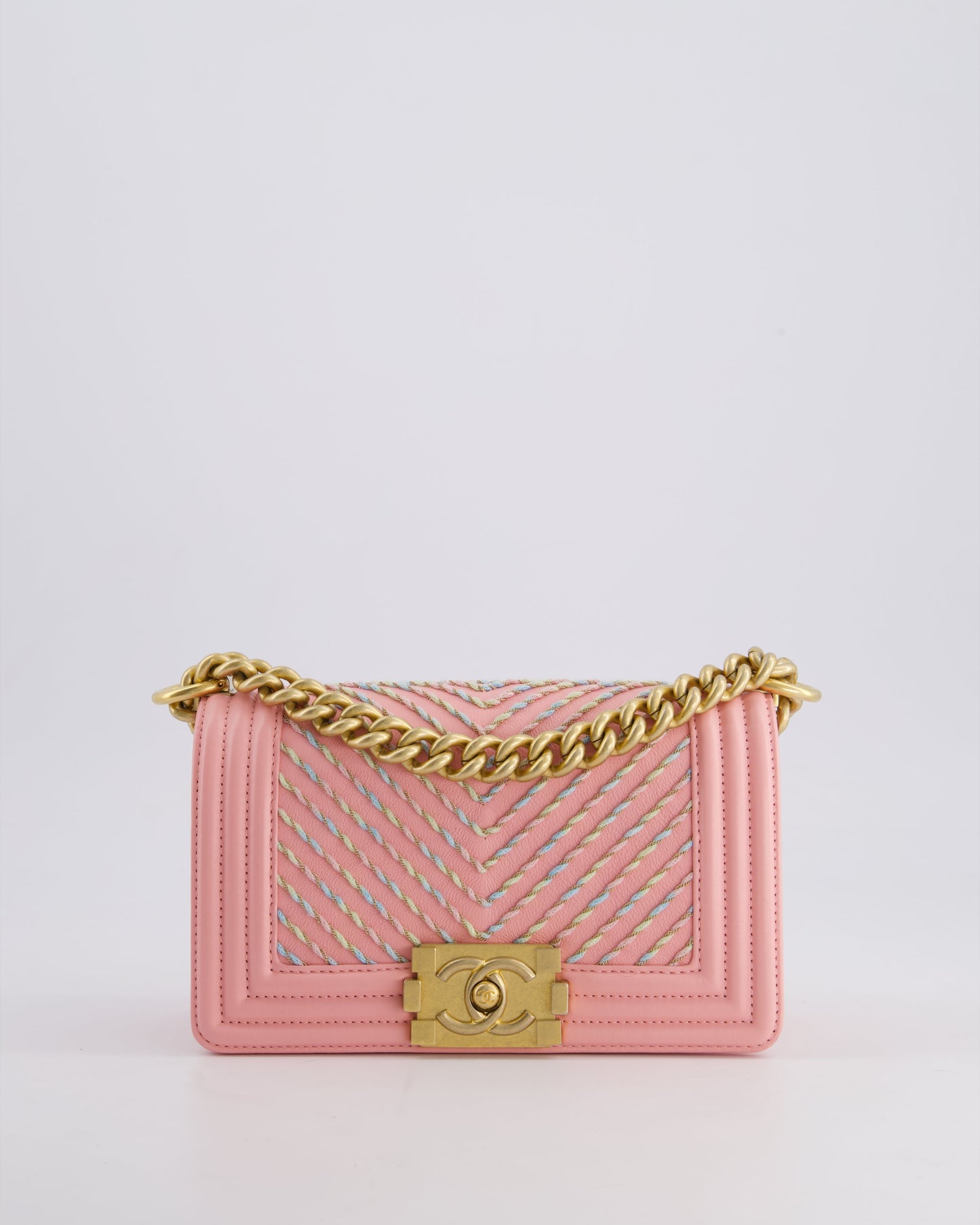 Chanel Pink Small Boy Bag In Lambskin Leather With Pastel Chevron Detail And Brushed Gold Hardware