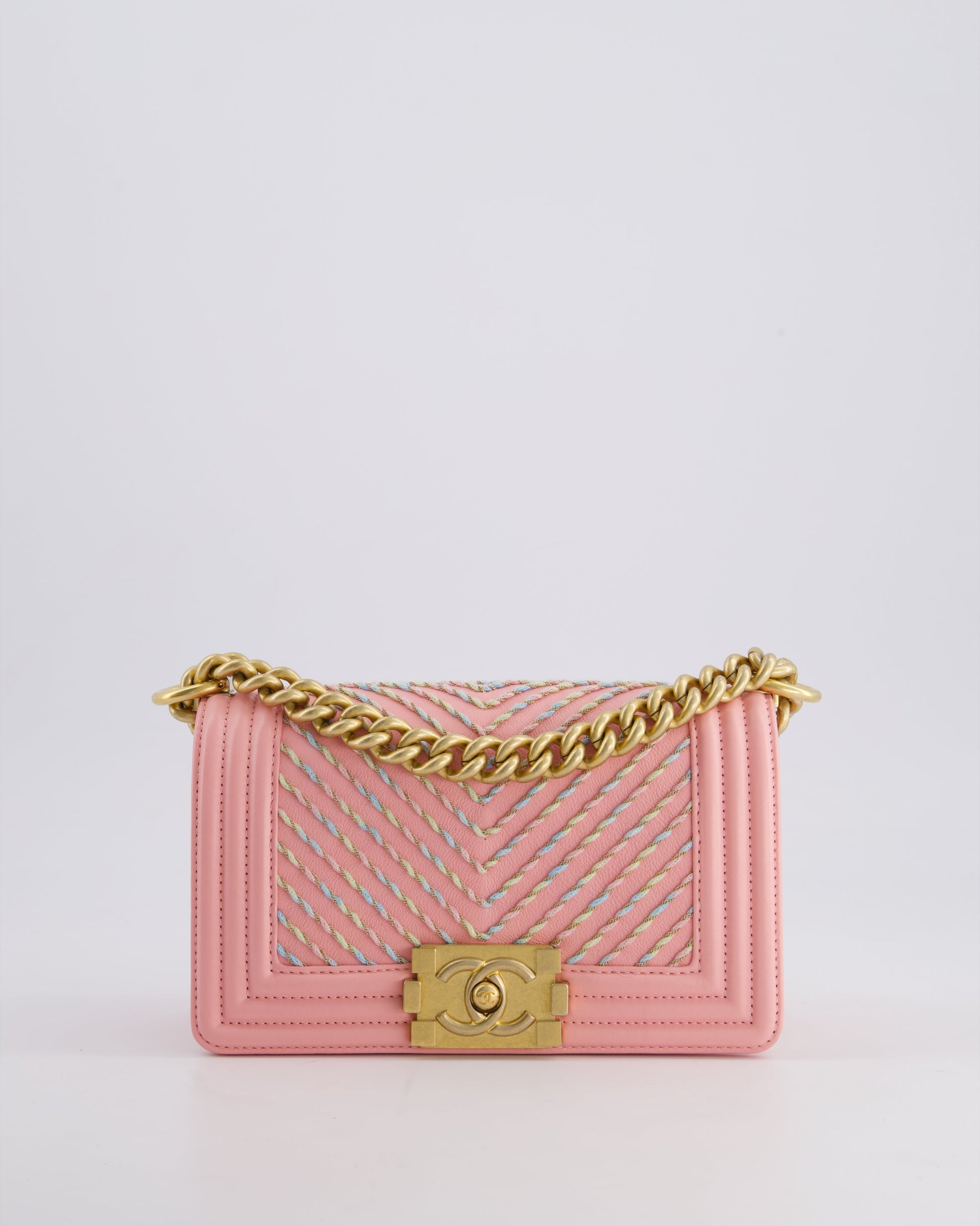 Chanel Pink Small Boy Bag In Lambskin Leather With Pastel Chevron Detail And Brushed Gold Hardware