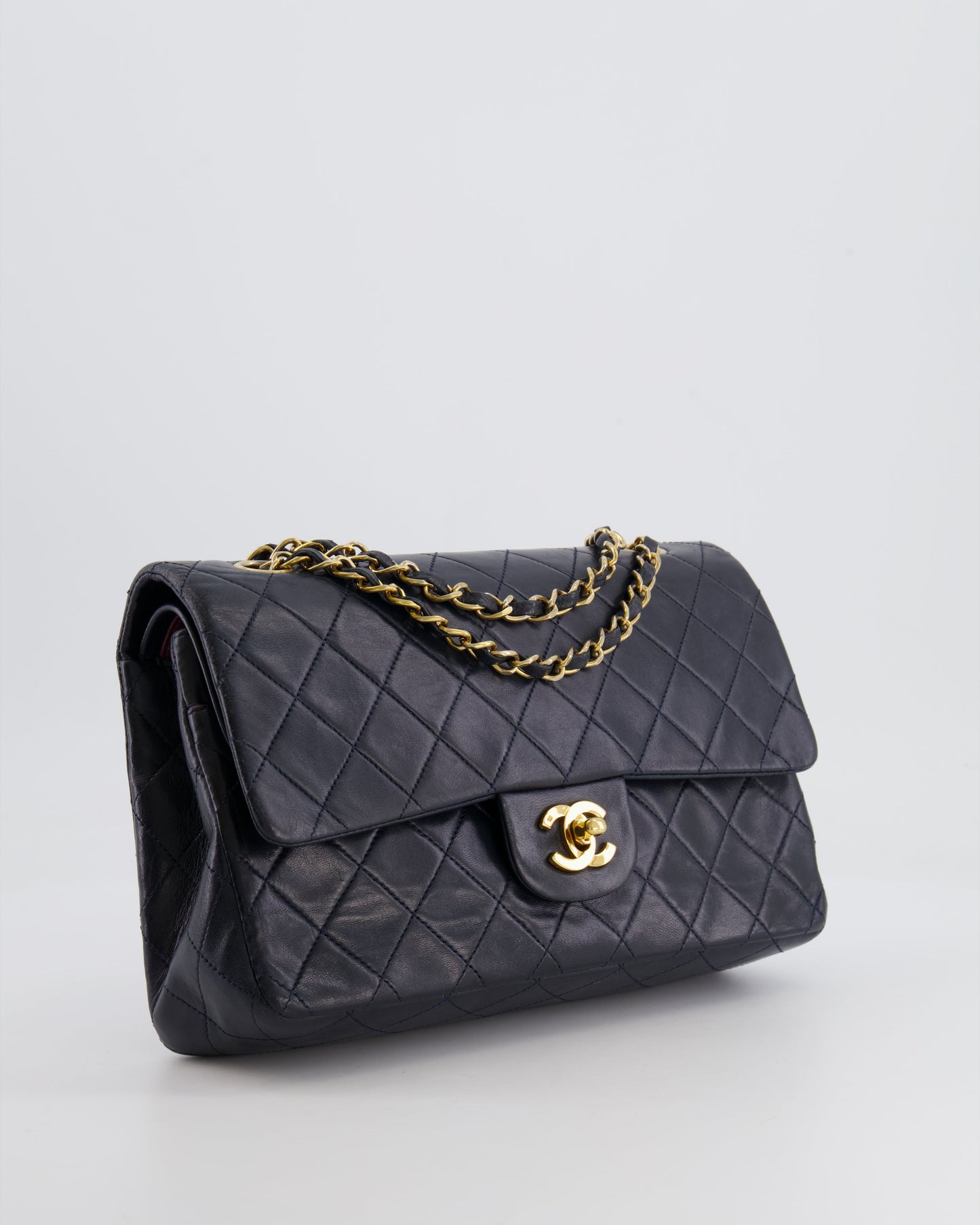 Chanel Navy Medium Classic Double Flap Bag In Lambskin Leather With 24K Gold Hardware