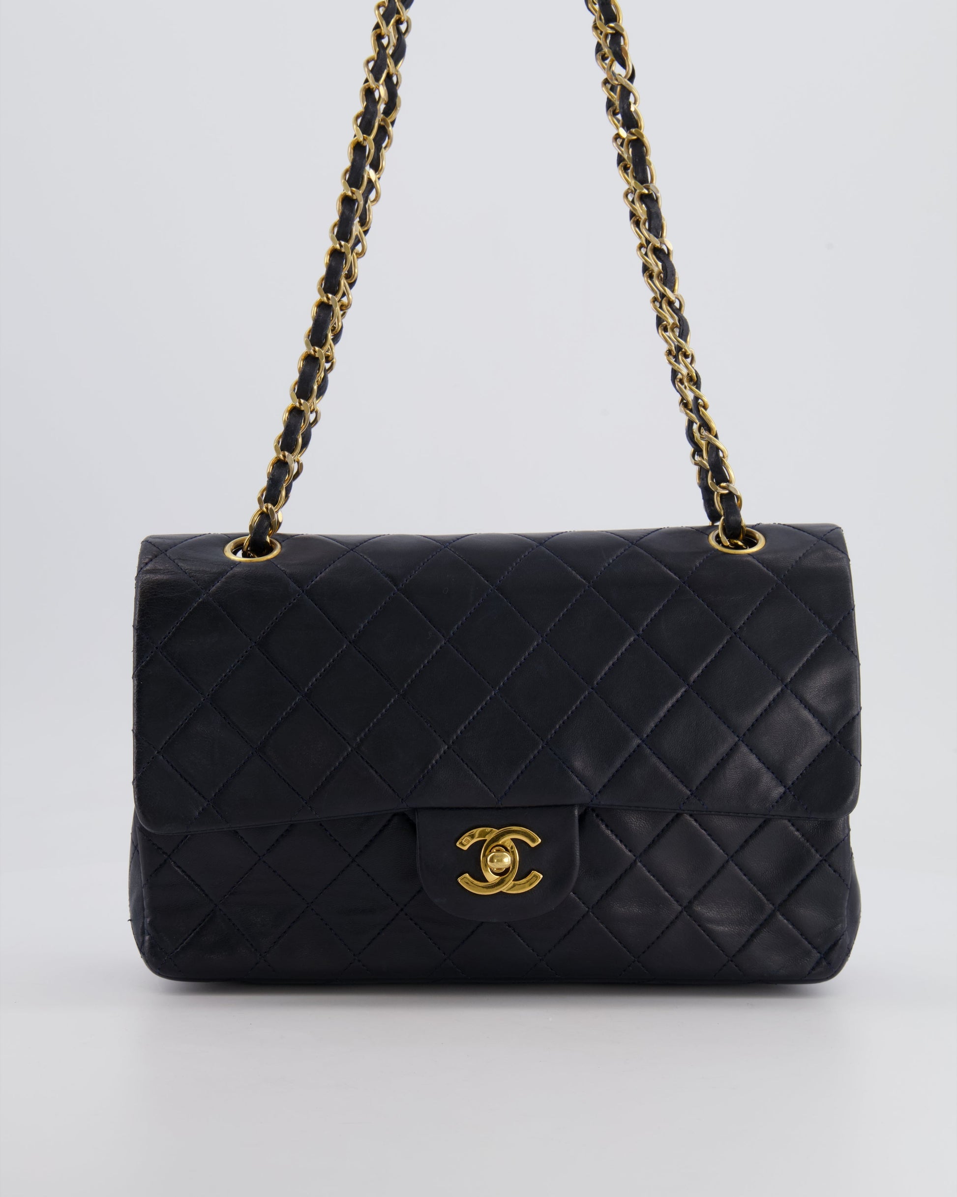 Chanel Navy Medium Classic Double Flap Bag in Lambskin Leather with 24K Gold Hardware