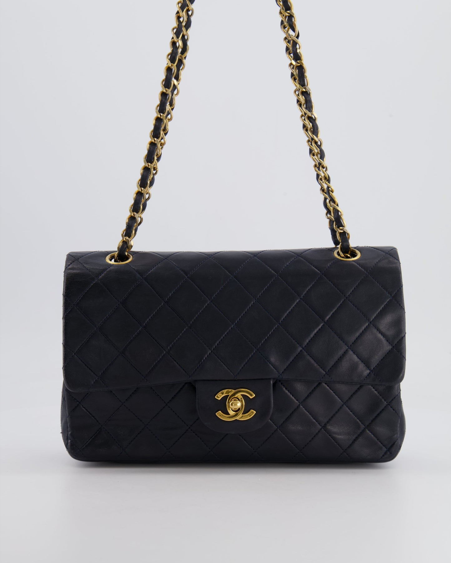 Chanel   Navy Medium Classic Double Flap Bag in Lambskin Leather with 24K Gold Hardware