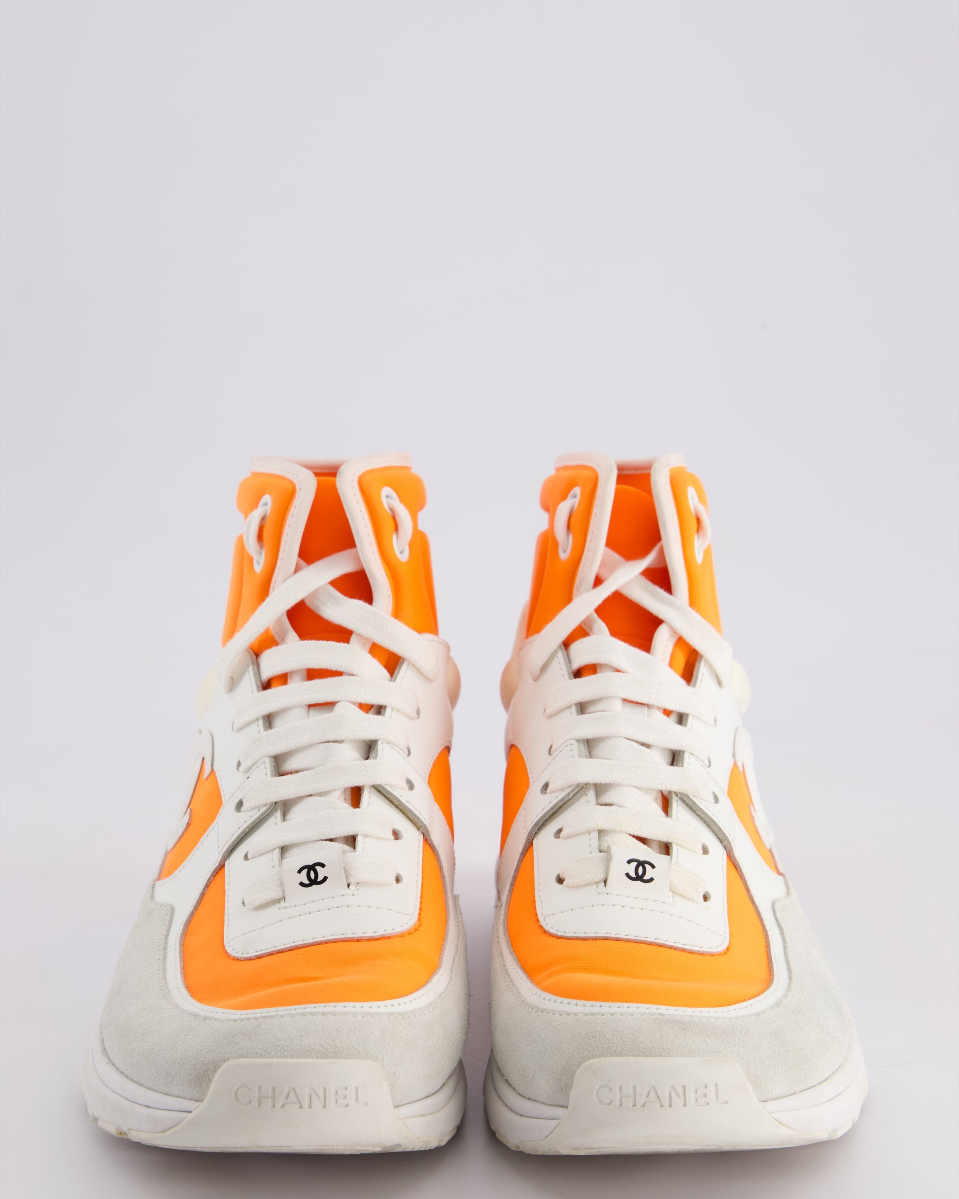 Chanel Ss/18 White Leather And Neon Orange Nylon Laced High Top Trainers Size Eu 39 Women Shoes