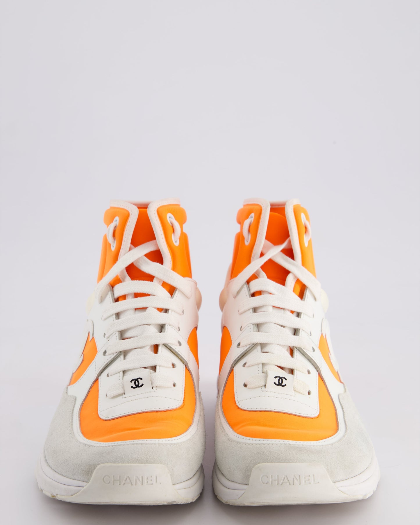 Chanel Ss/18 White Leather and Neon Orange Nylon Laced High Top Trainers Size Eu 39 Women Shoes