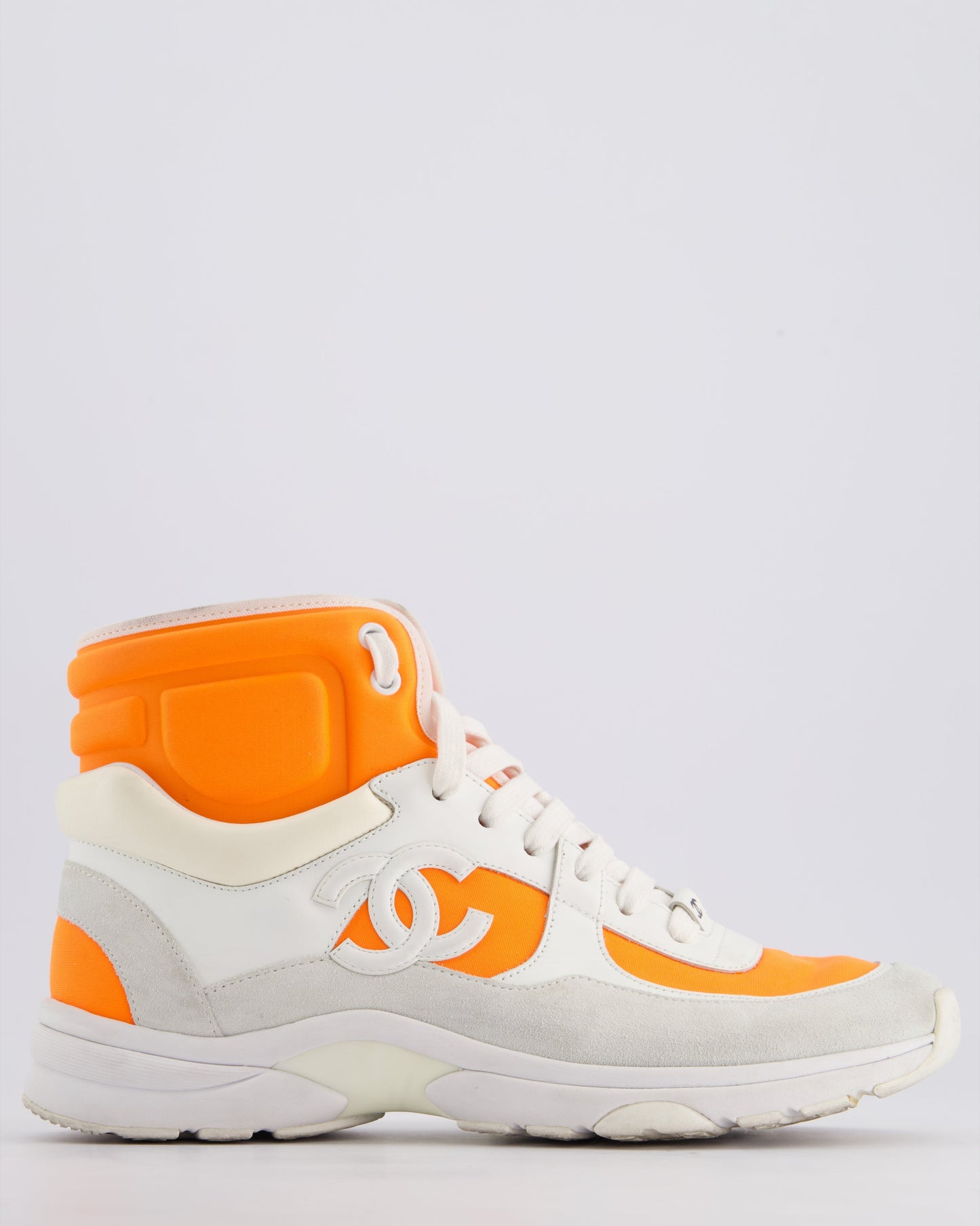 Chanel Ss/18 White Leather and Neon Orange Nylon Laced High Top Trainers Size Eu 39 Women Shoes