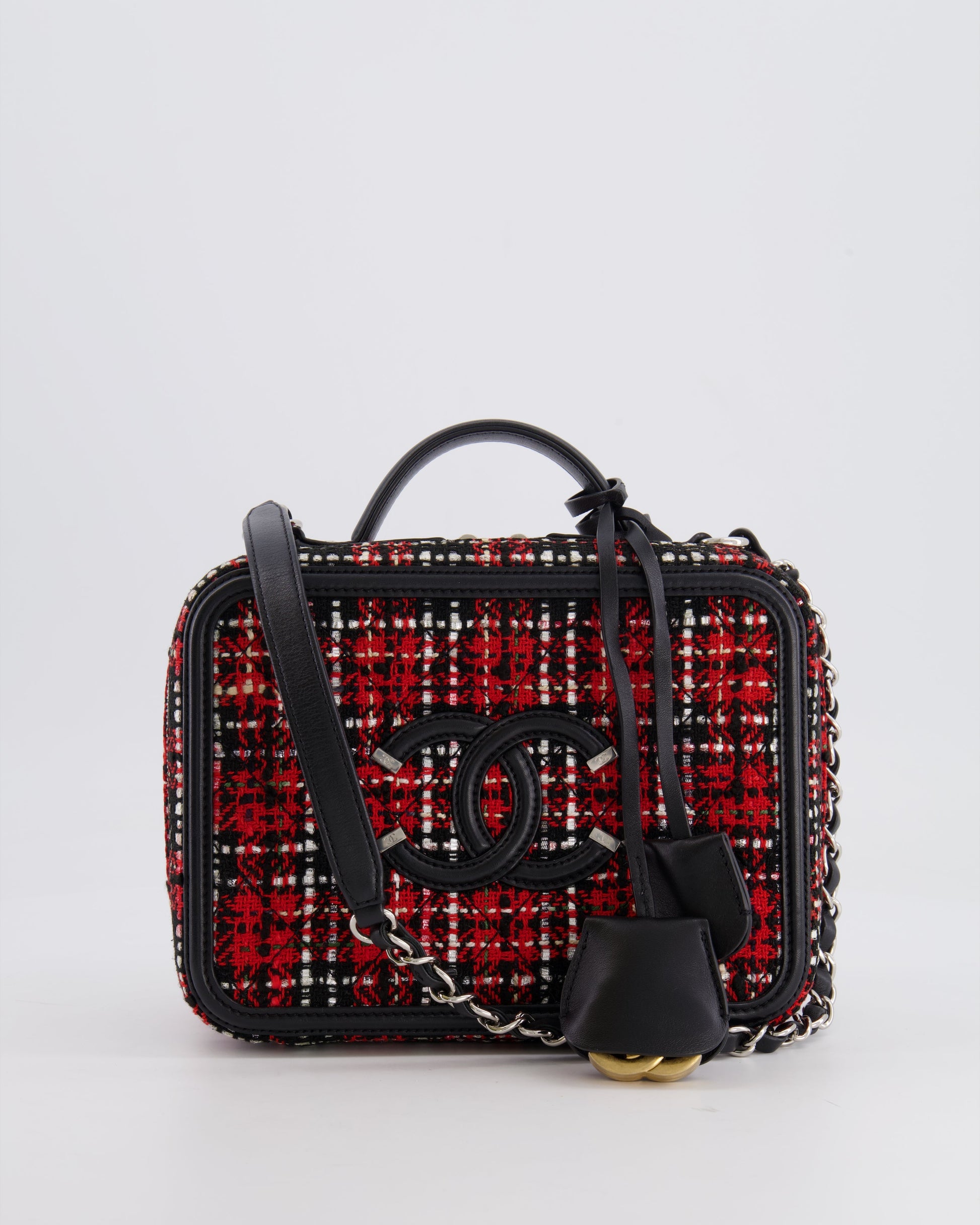 Chanel Black And Red Medium Cc Filigree Vanity Case Bag In Tweed With Silver Hardware And Chain Detail