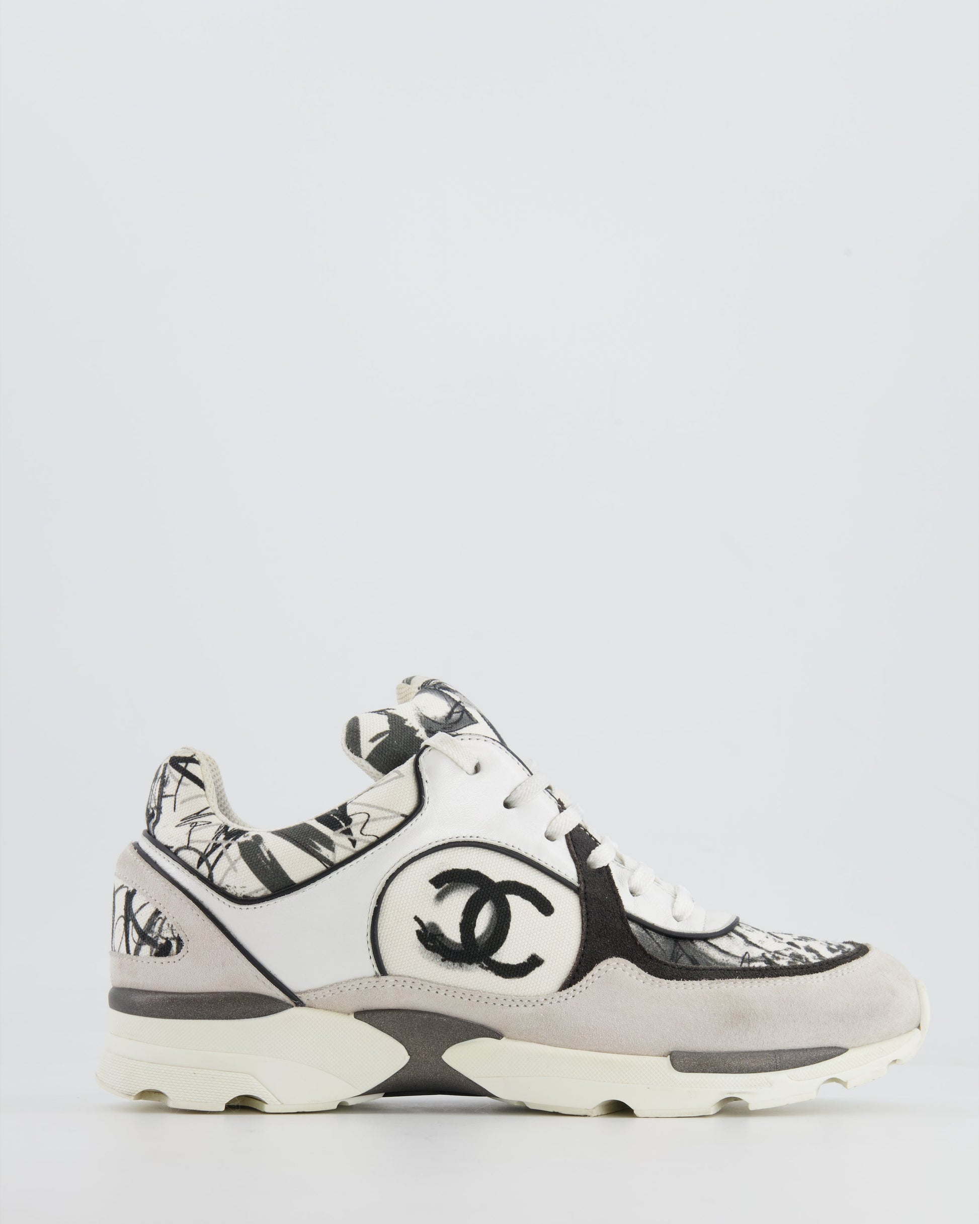 Chanel Grey, White, Black Leather And Suede Graffiti Cc Trainers Size Eu 38.5 Women Shoes