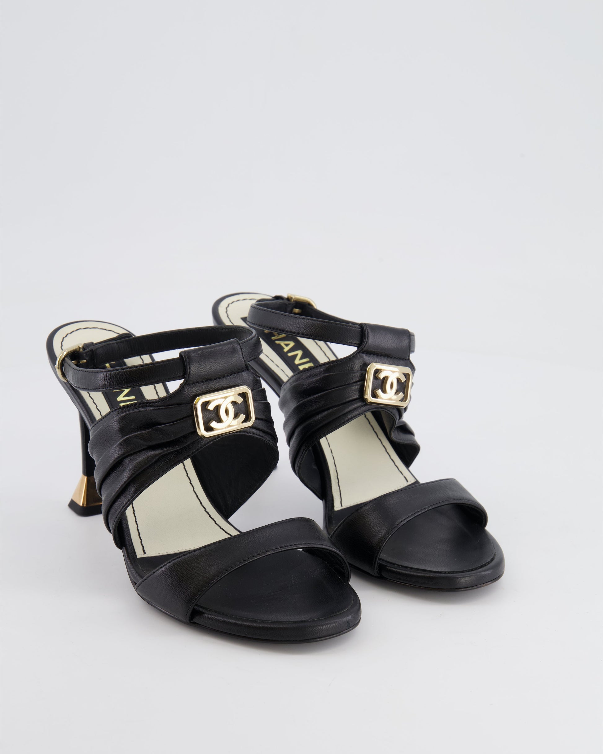 Chanel Black Leather Sandal Heels With Gold Cc Details Size Eu 37