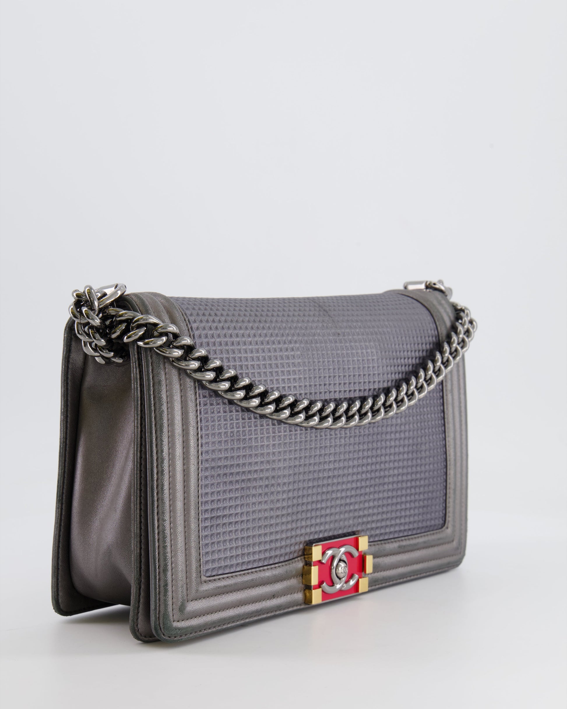 Chanel Grey Silver Medium Cube Calfskin Boy Bag with Silver,gold and Red Hardware